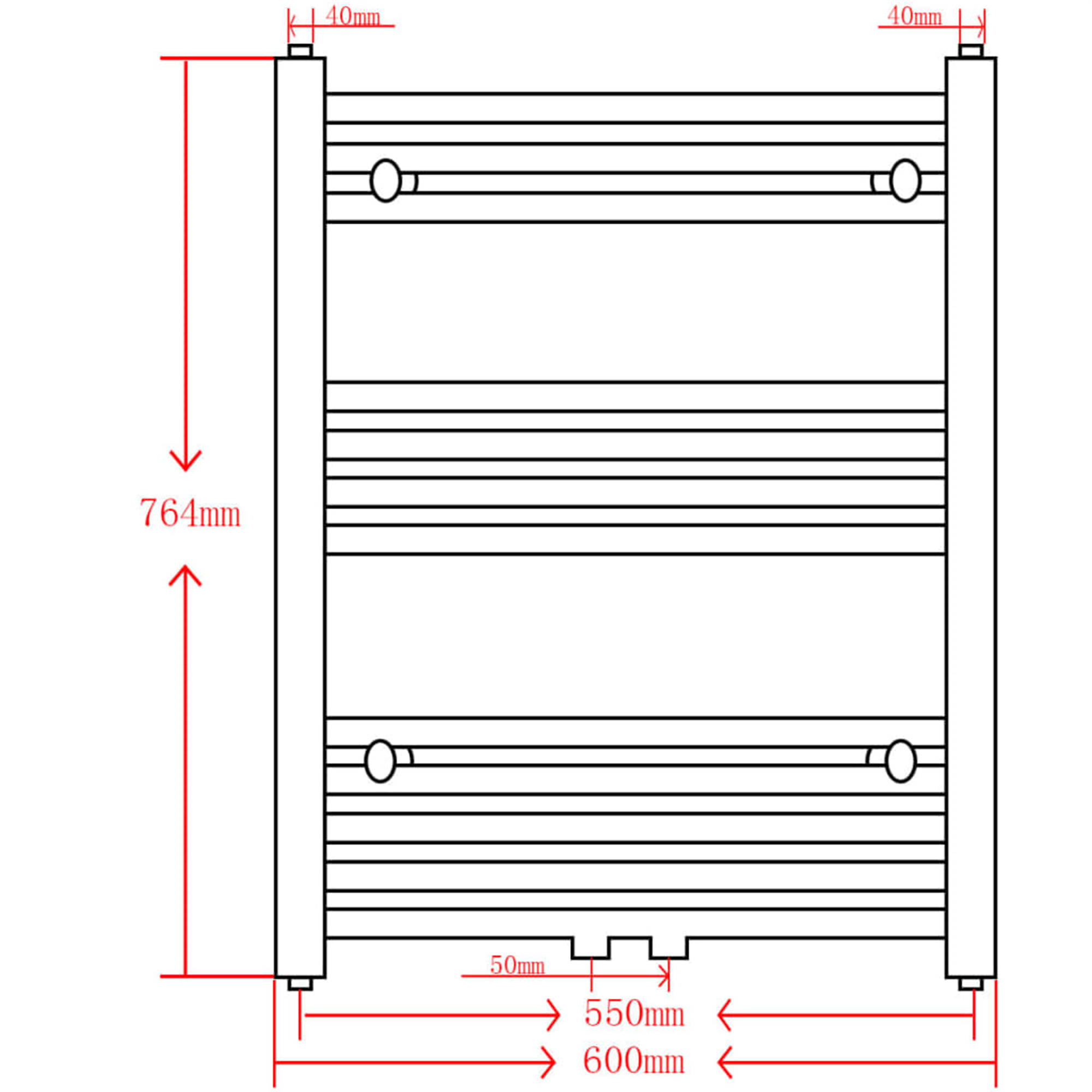Diagramm eines Heizkörpers mit Maßen. Abmessungen in mm: 764mm, 600mm, 550mm und 40mm.