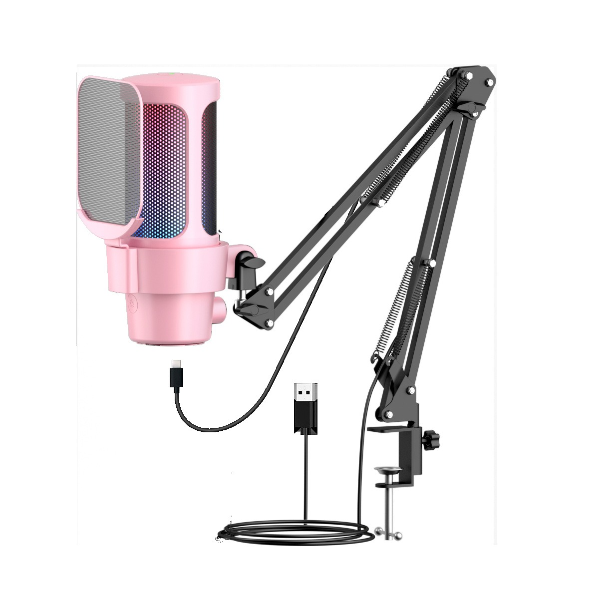 Pinkes Mikrofon mit Ständer. Inklusive USB-Kabel und Halterung, weißer Hintergrund.