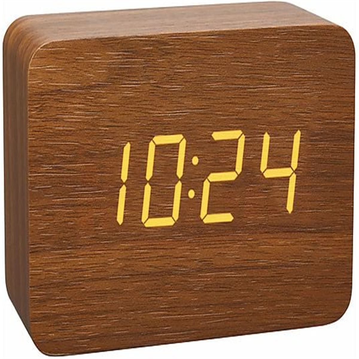 Rechteckiger Wecker aus Holz mit der Anzeige 10:24 in gelben Ziffern.
