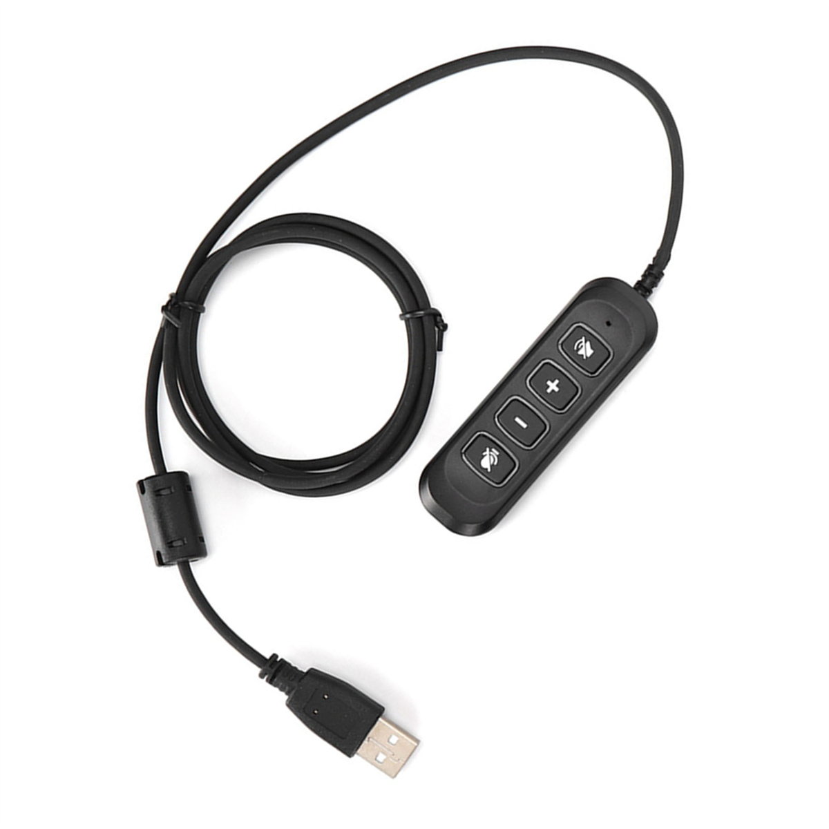 Ein schwarzes USB-Kabel mit einem Steuermodul und USB-Anschluss auf weißem Hintergrund.