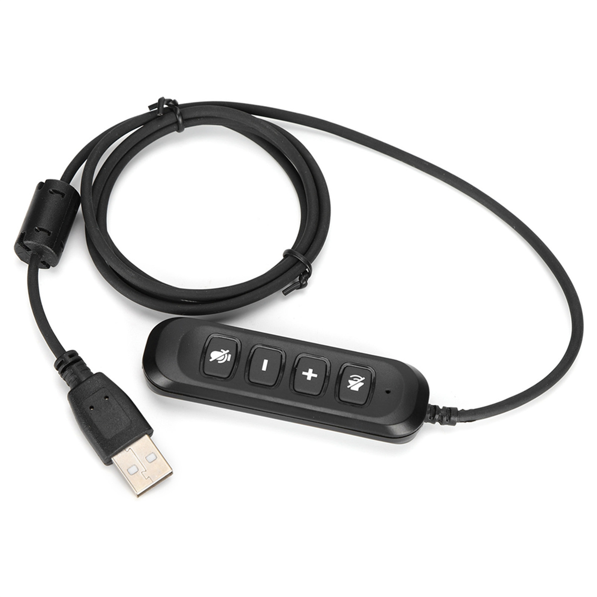 Schwarzes USB-Kabel mit Bedienfeld und Soundtasten. Der Hintergrund ist weiß.