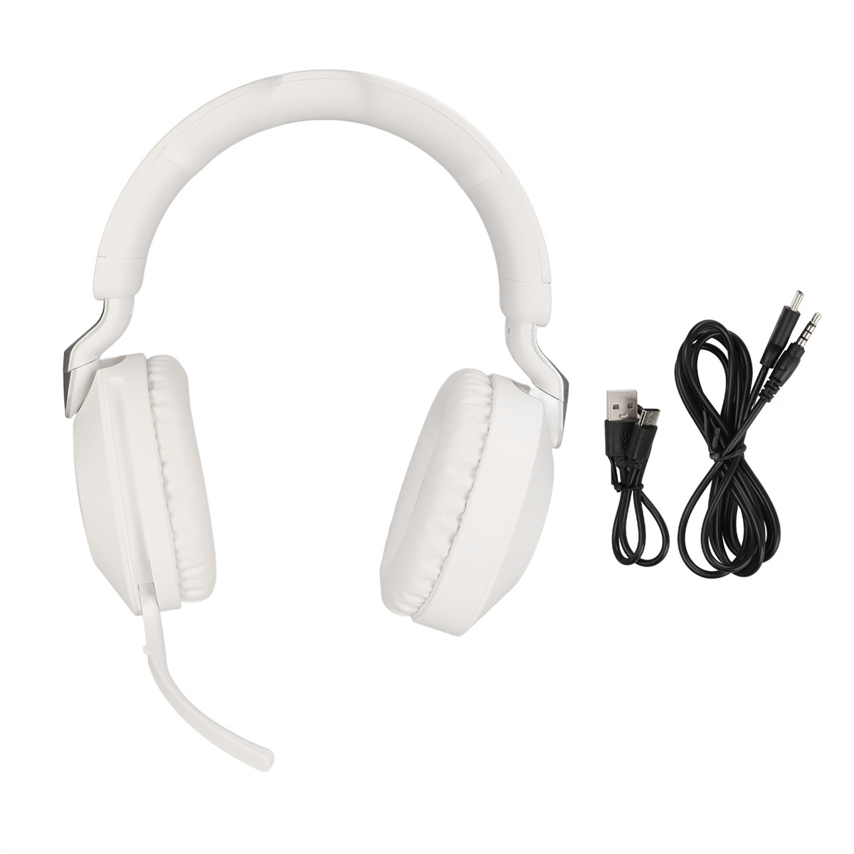Weiße Kopfhörer mit schwarzem Kabel, USB- und Klinkensteckern. Weißer Hintergrund.