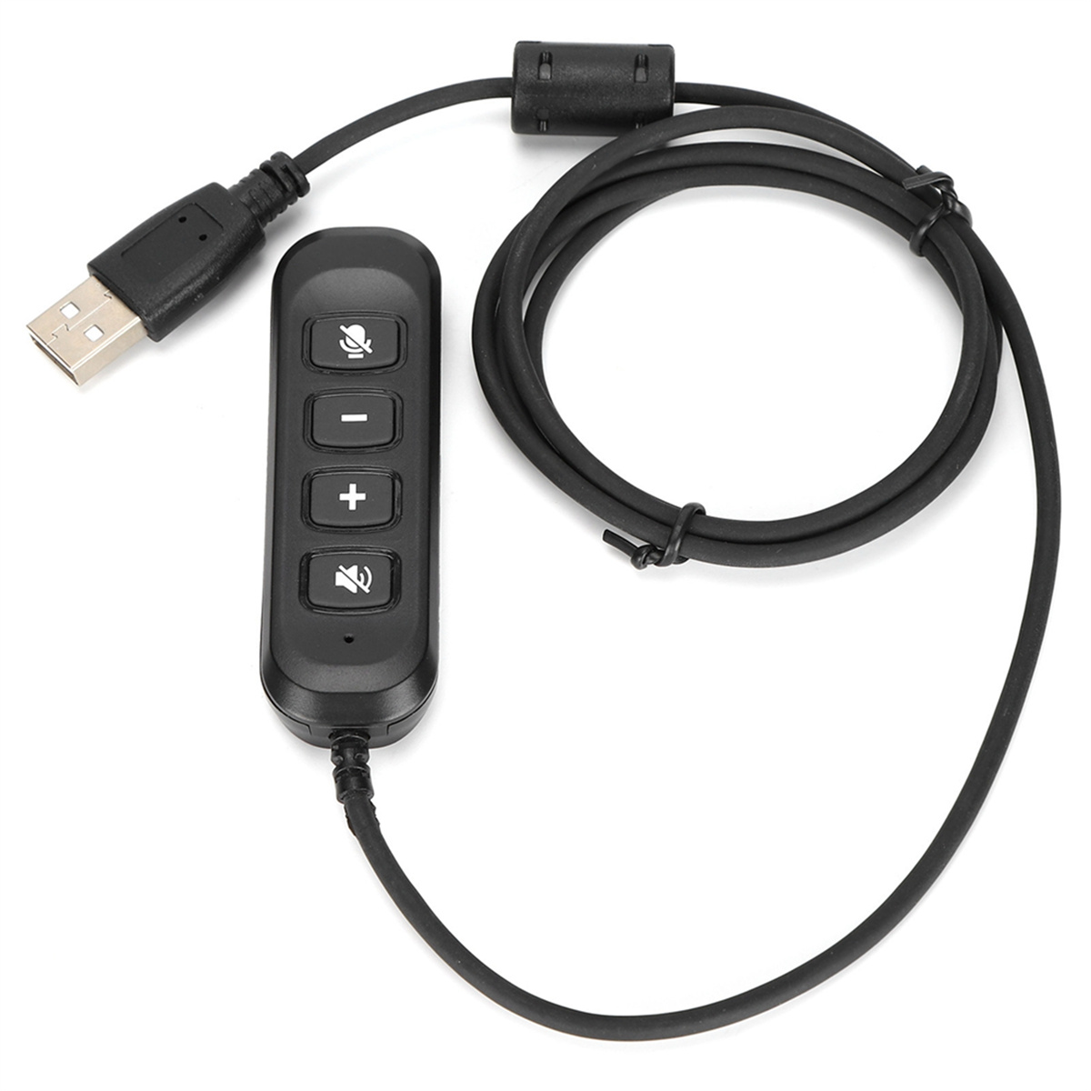 Ein schwarzes USB-Audiokabel mit einer Steuerbox mit Mikrofon-, Lautstärke- und Stummtasten.