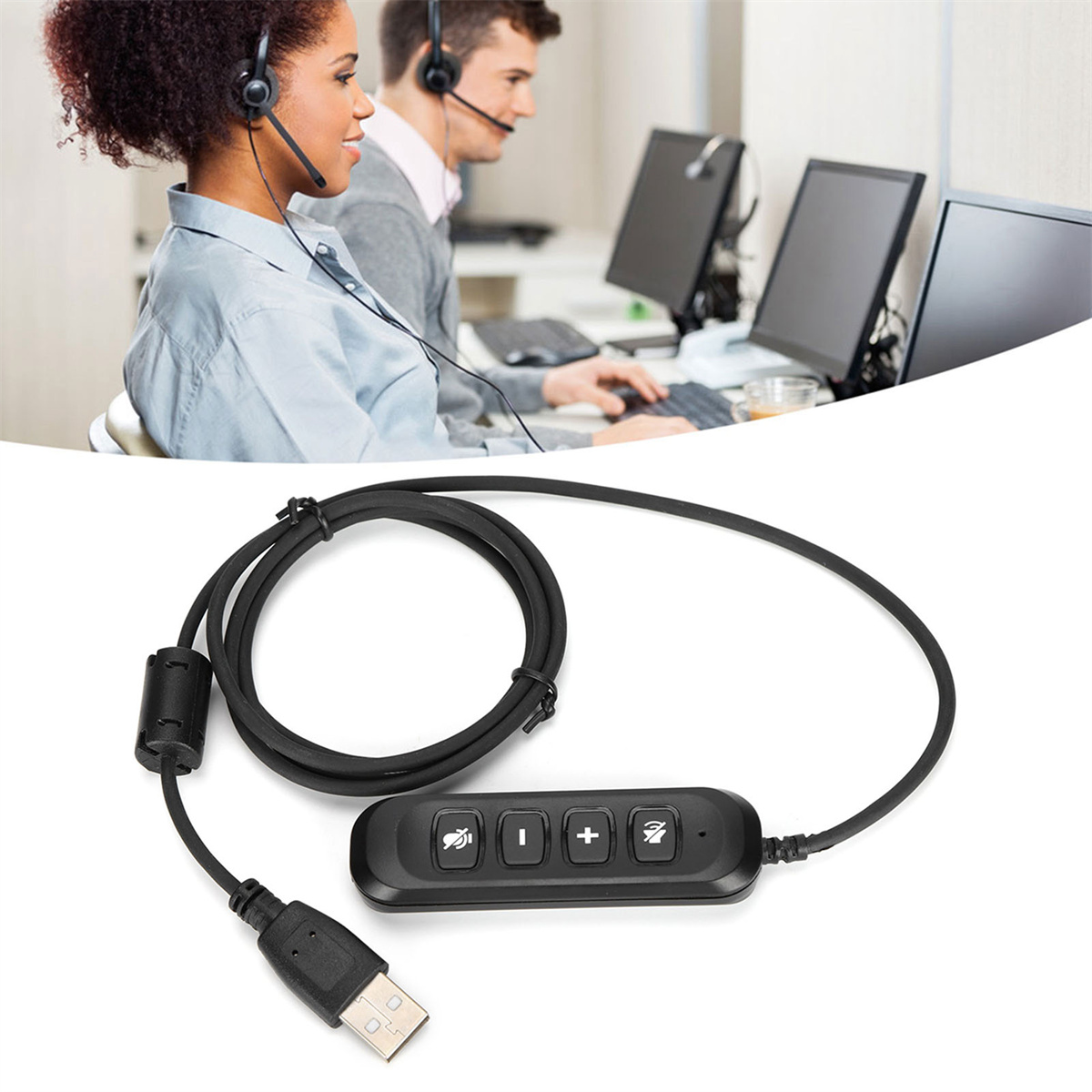 Ein Headset mit USB-Anschluss und Bedienfeld. Zwei Personen tragen Headsets.