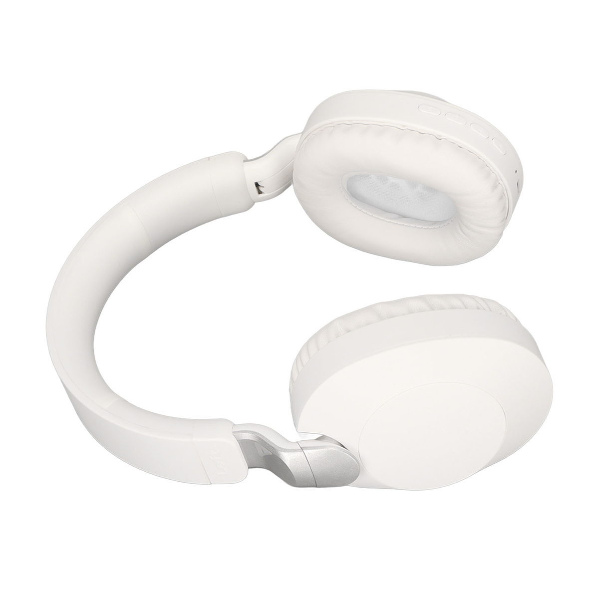 Weiße Kopfhörer, Over-Ear-Stil, liegen auf einer weißen Oberfläche. Klare, helle Beleuchtung.