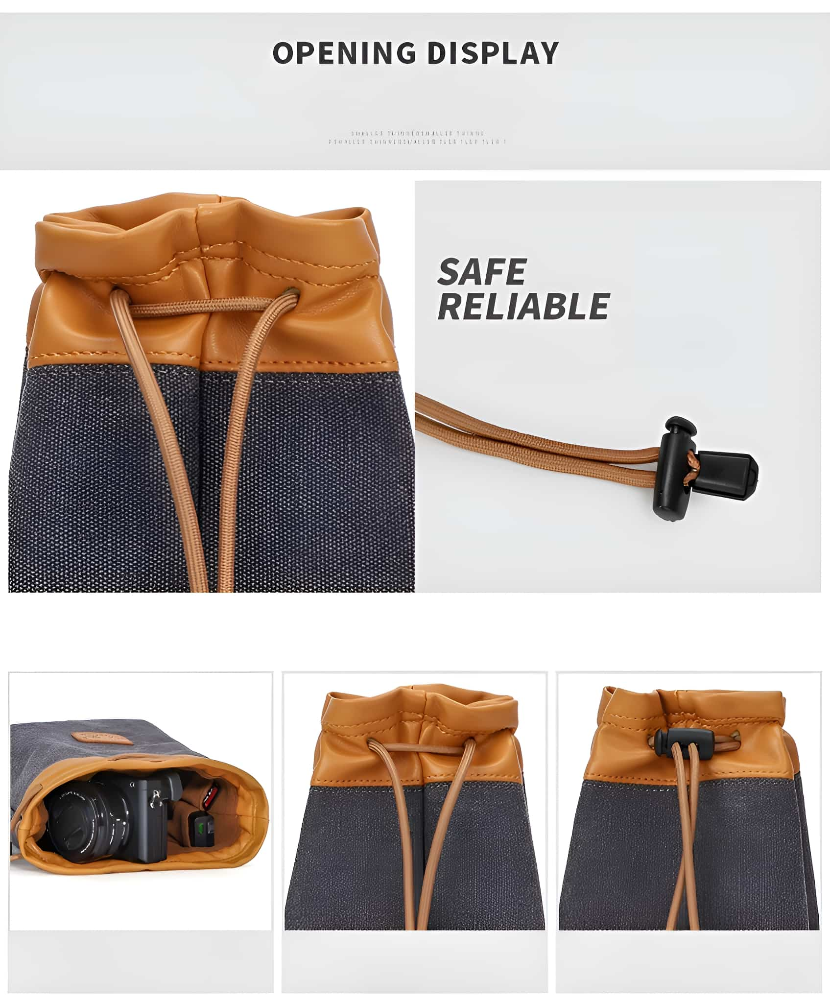 Kameratasche mit Kordelzugverschluss. Die Tasche ist braun und blau. Die Tasche ist offen.