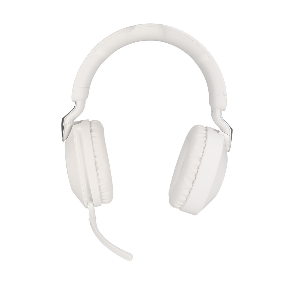 Weiße Kopfhörer mit Mikrofon. Die Kopfhörer sind Over-Ear und haben ein schlichtes Design.