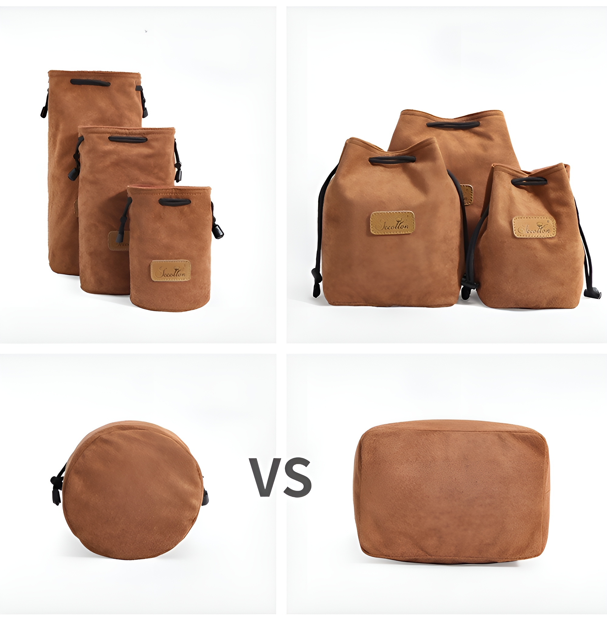 Verschiedene Formen und Größen von braunen Wildledertaschen, in verschiedenen Konfigurationen gezeigt.