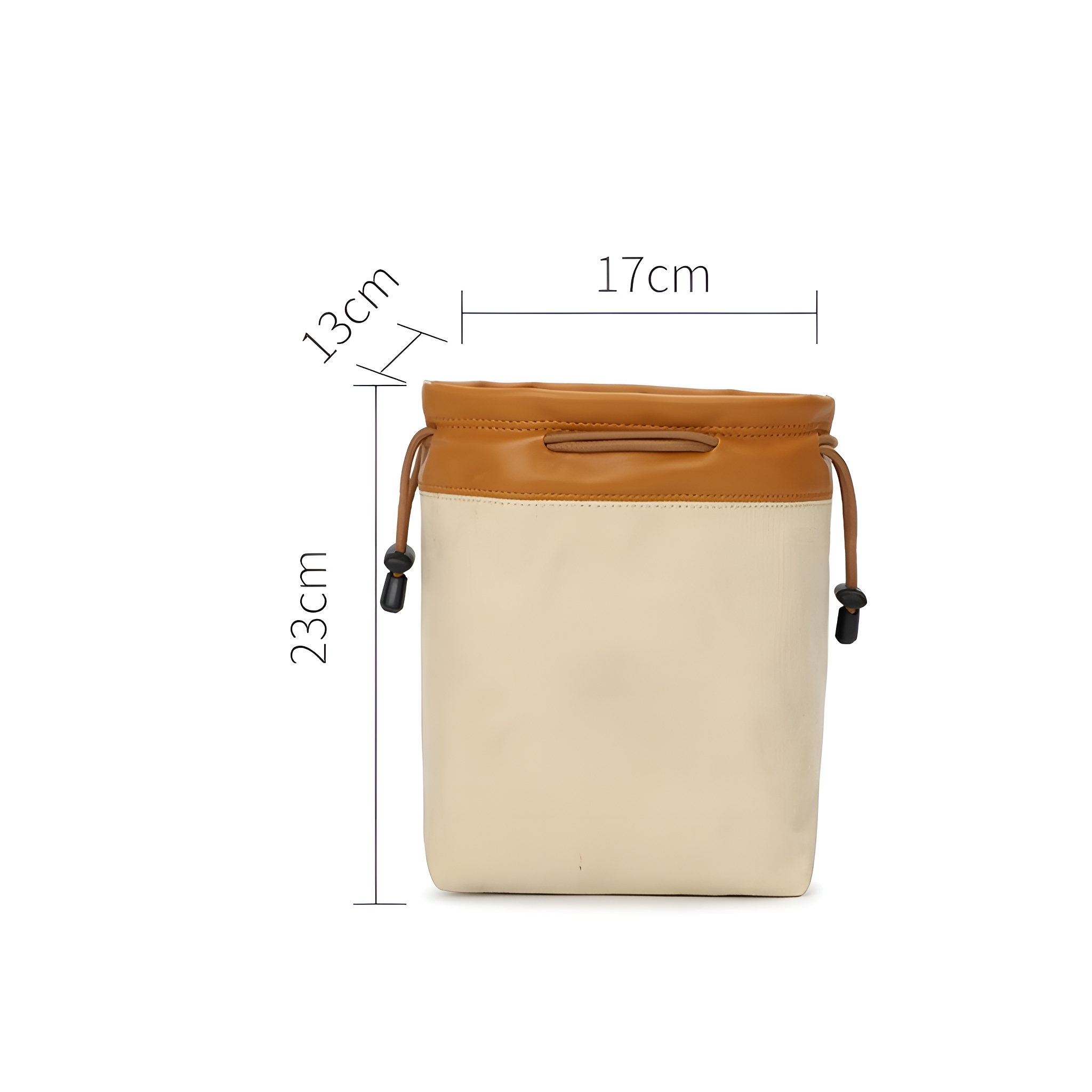 Beige und braune Eimertasche mit Maßen: 23cm Höhe, 17cm Breite und 13cm oberer Durchmesser.