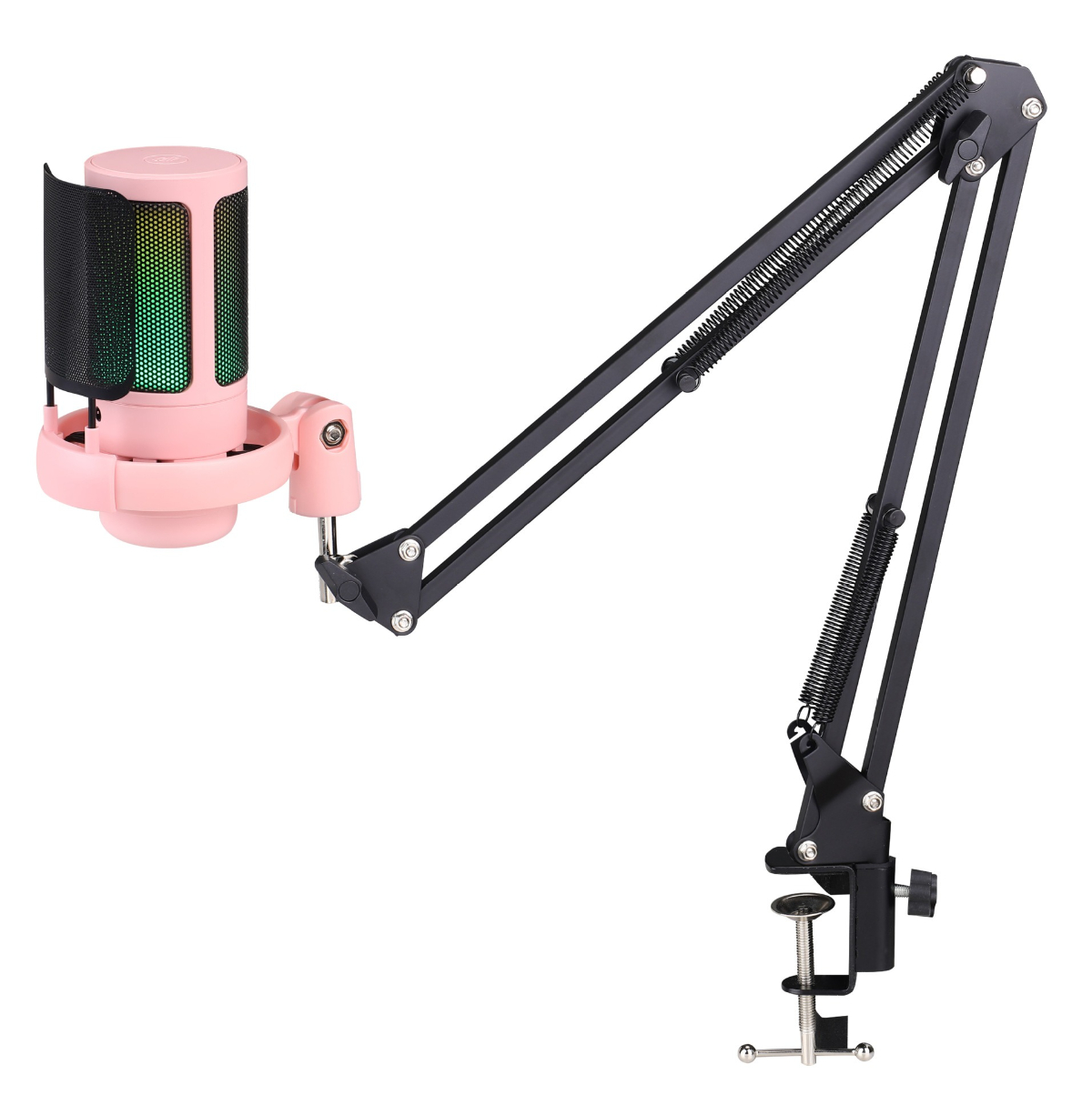 Ein rosa Mikrofon mit schwarzem Arm und Klemme. Weißer Hintergrund.