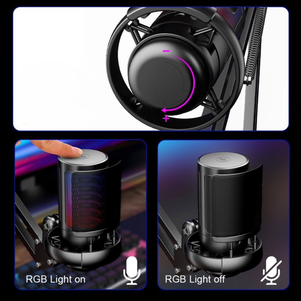 Mikrofon mit eingeschaltetem RGB-Licht. Der Knopf wird gedrückt. RGB-Licht aus zeigt das Stummschaltsymbol.