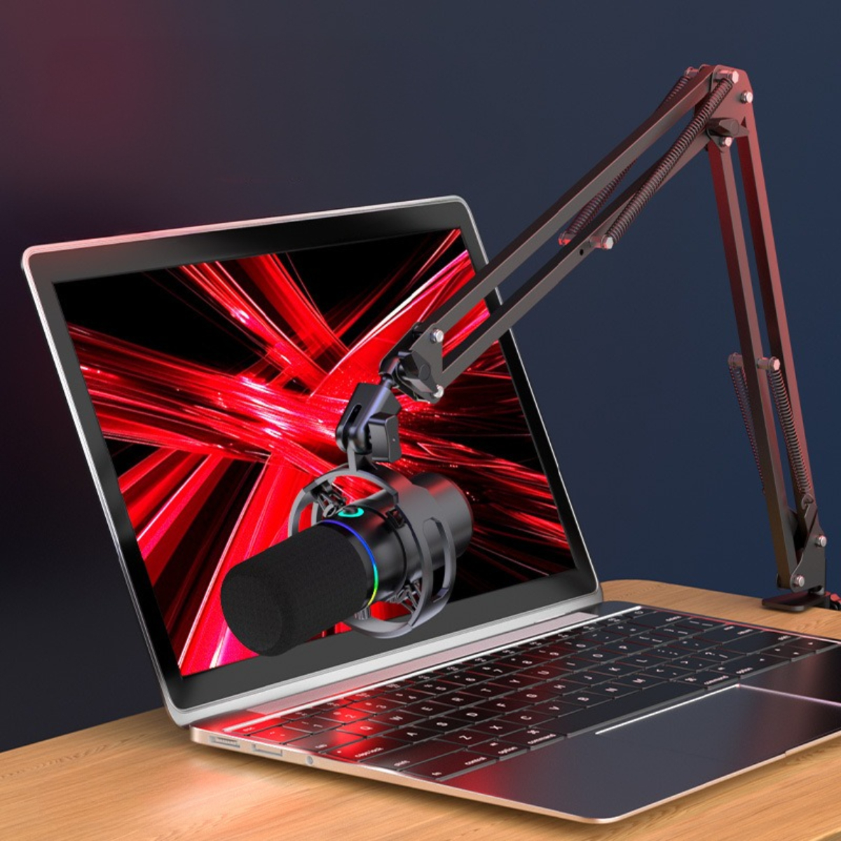 Mikrofon auf einem Laptop, mit rotem und schwarzem Hintergrund.
