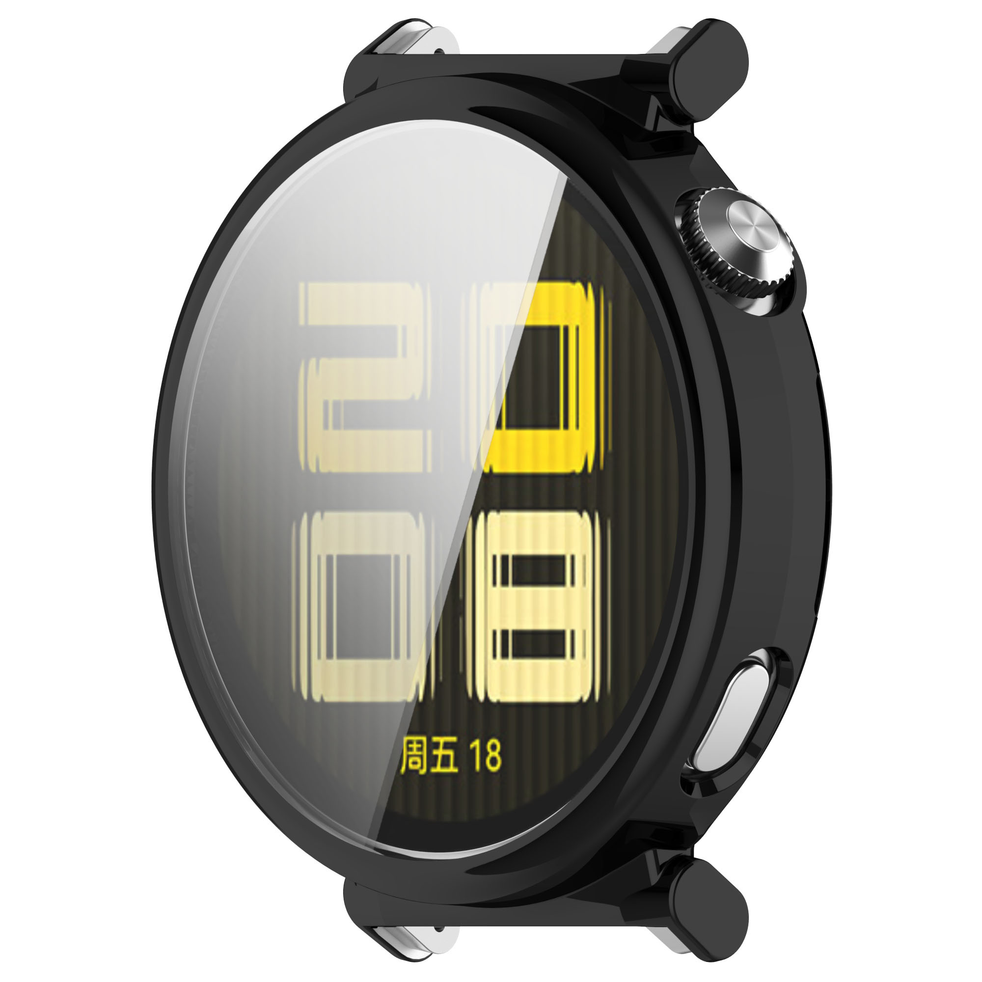 Schwarze Smartwatch mit rundem Display, das digitale Zahlen und den Wochentag anzeigt.