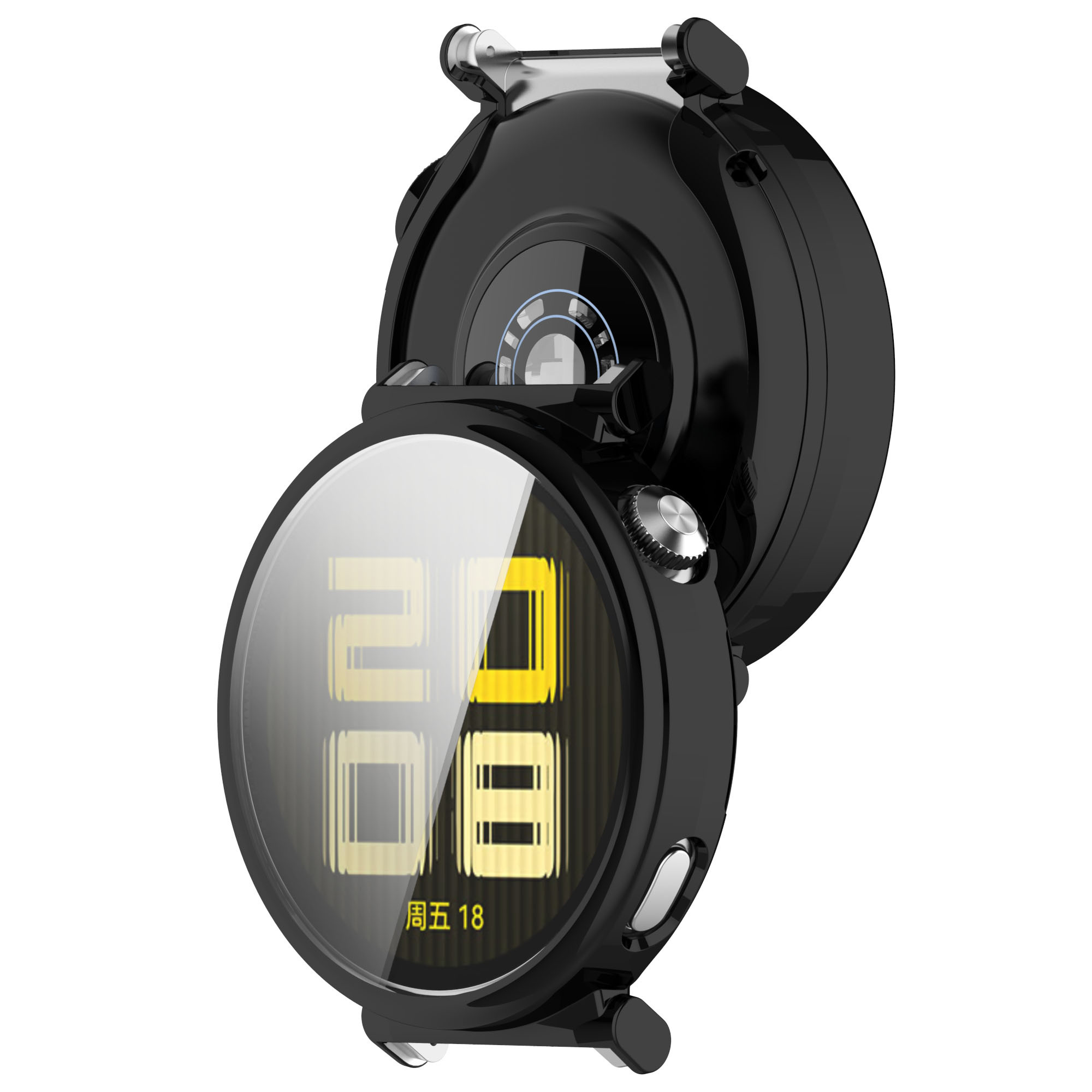 Eine schwarze Smartwatch mit rundem Bildschirm. Der Bildschirm zeigt Datum und Uhrzeit an, und die Uhr ist geöffnet.