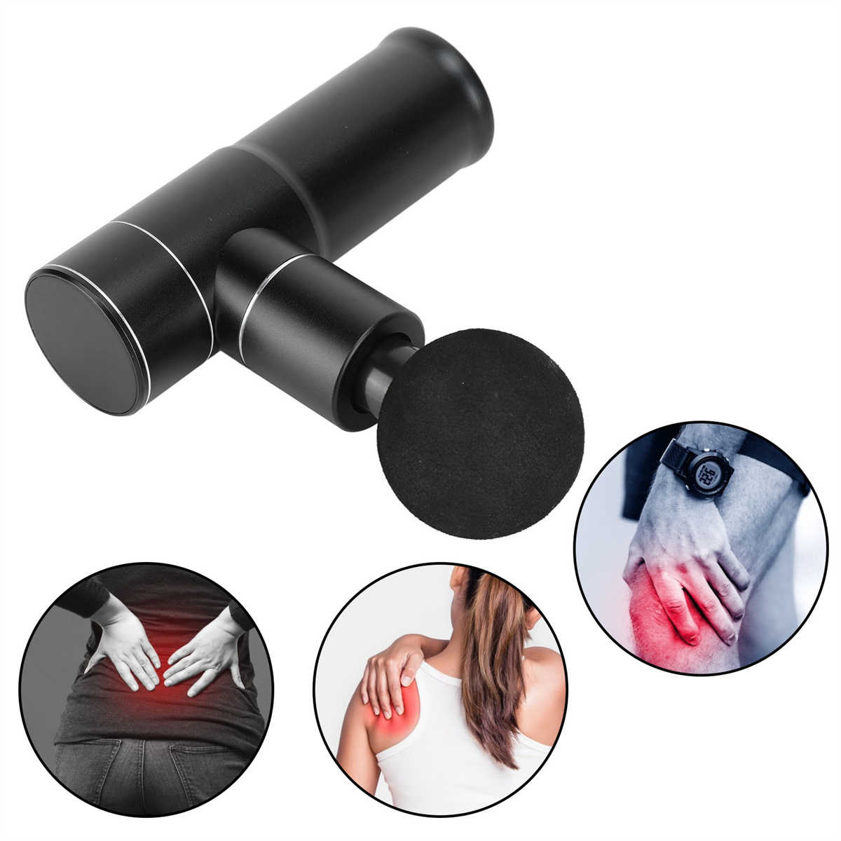 Schwarze Massagepistole mit Aufsätzen und Bildern von schmerzenden Bereichen.