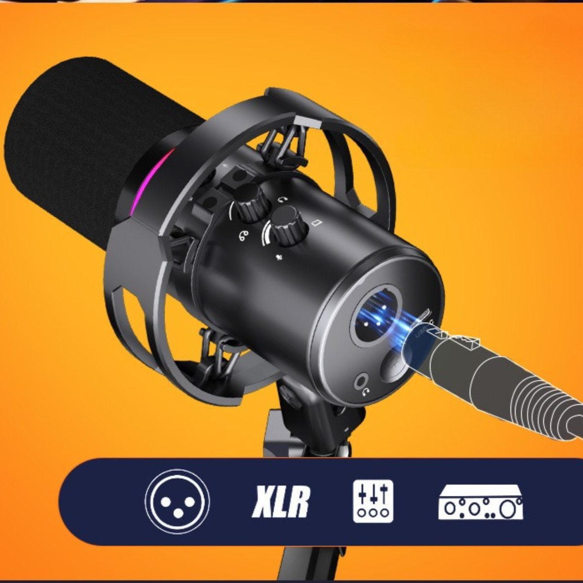 Ein schwarzes Mikrofon mit Pop-Filter und angeschlossenem Kabel. XLR und andere Symbole sind sichtbar.