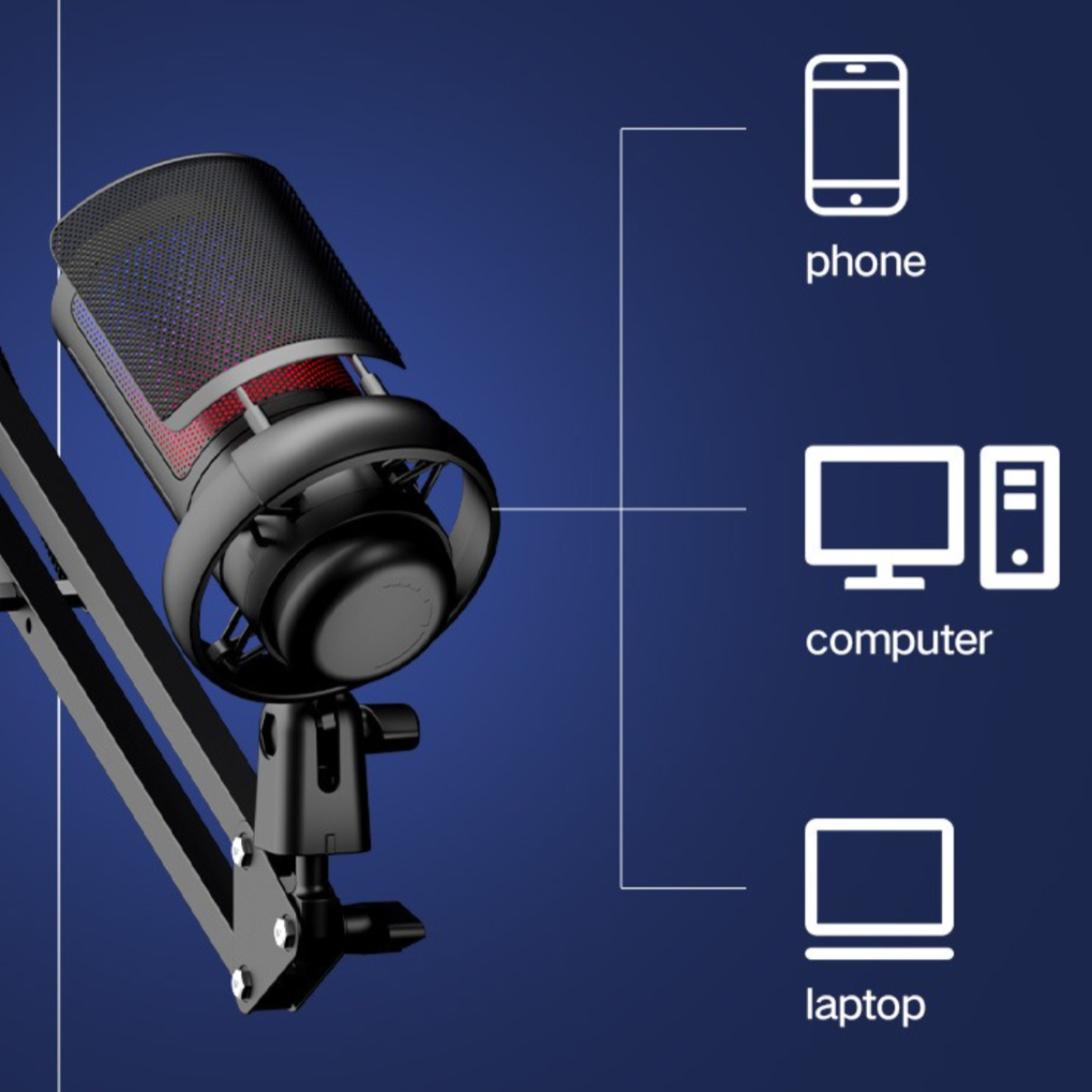 Schwarzes Mikrofon mit Mesh-Gitter, auf einem Ständer, mit Grafiken von Telefon, Computer und Laptop.
