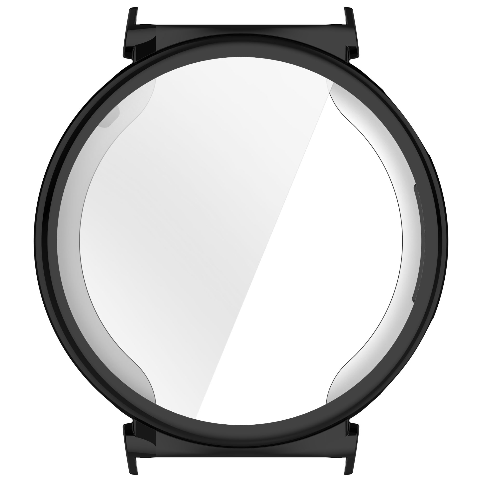 Schwarzer runder Displayschutz für die Uhr. Klarer, transparenter Mittelteil mit schwarzem Rahmen.
