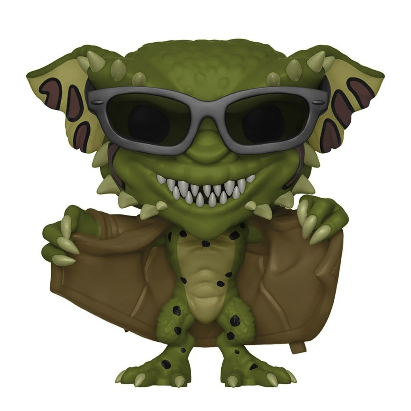 Zielona figurka Gremlina z okularami przeciwsłonecznymi i brązową kurtką. Ma ostre zęby i białe tło.
