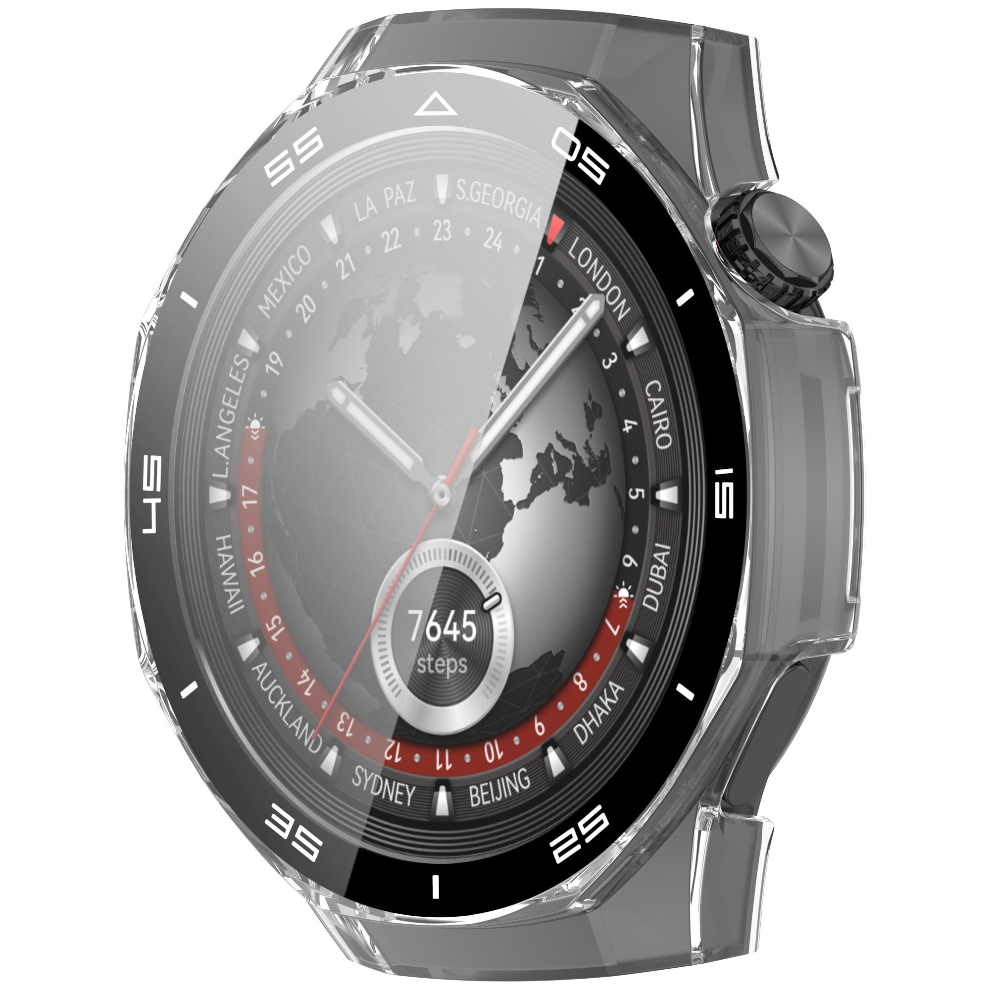 Eine transparente Smartwatch mit schwarzer Lünette, die Zeit und einen Schrittzähler anzeigt.