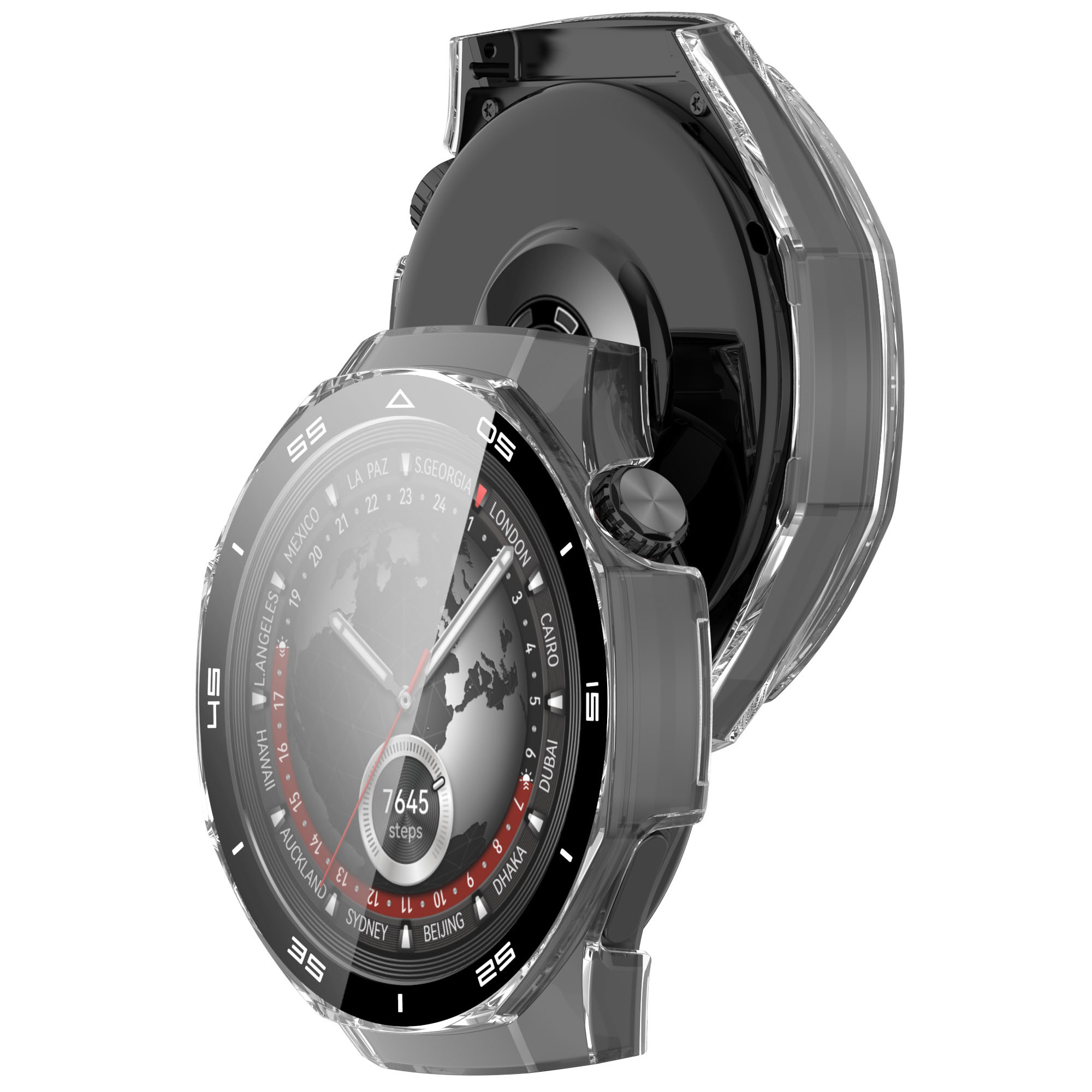 Eine Smartwatch in einer transparenten Schutzhülle. Die Uhr zeigt Zeit und Schritte mit Weltkarten-Hintergrund.