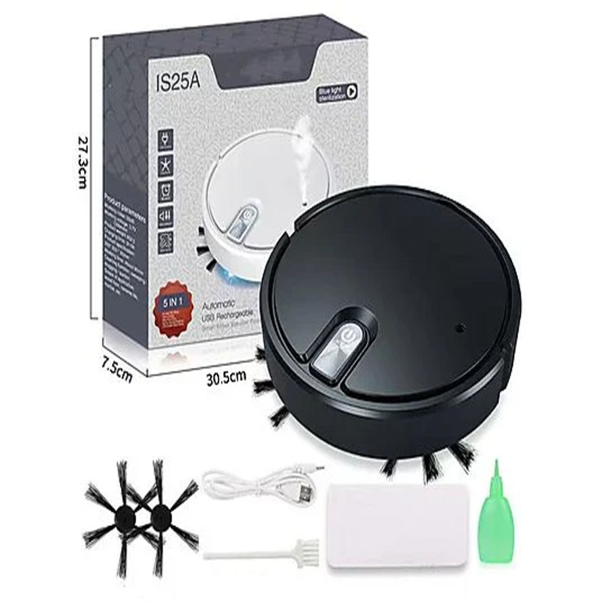 Schwarz-weißer Roboter-Staubsauger mit Zubehör und Karton.