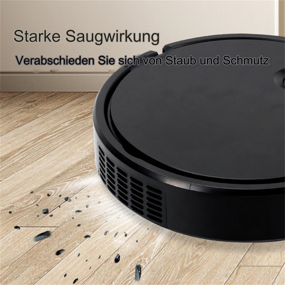 Ein schwarzer Roboter-Staubsauger auf einem Holzboden. Der Text oben lautet: Starke Saugkraft.