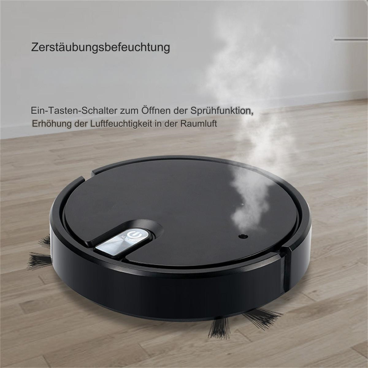 Schwarzer Roboter-Staubsauger mit Dampf. Holzboden. Weißer Wandhintergrund.