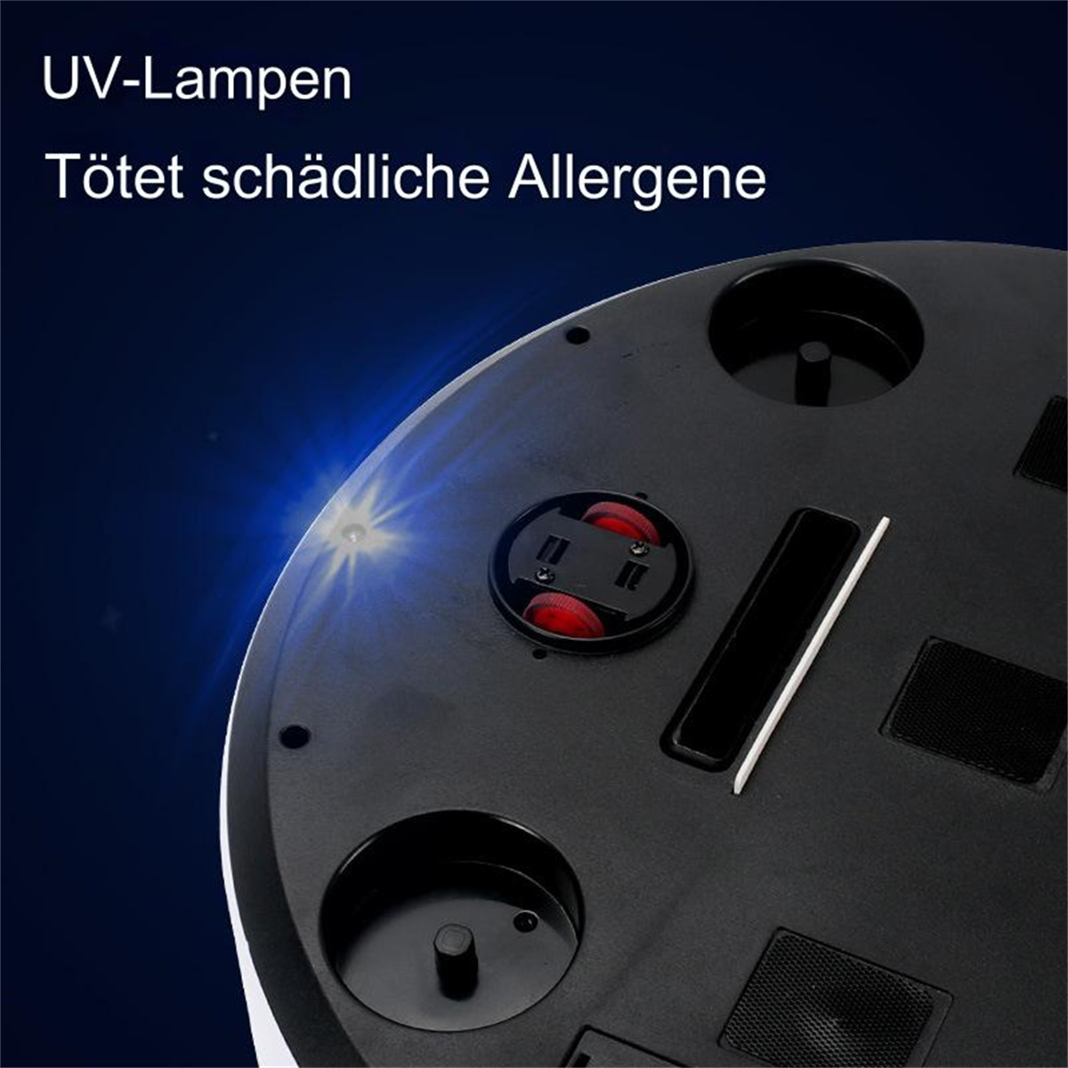 Ein weißes und schwarzes Gerät mit Licht scheint. Text besagt, dass es Allergene tötet, mit blauem Glühen.