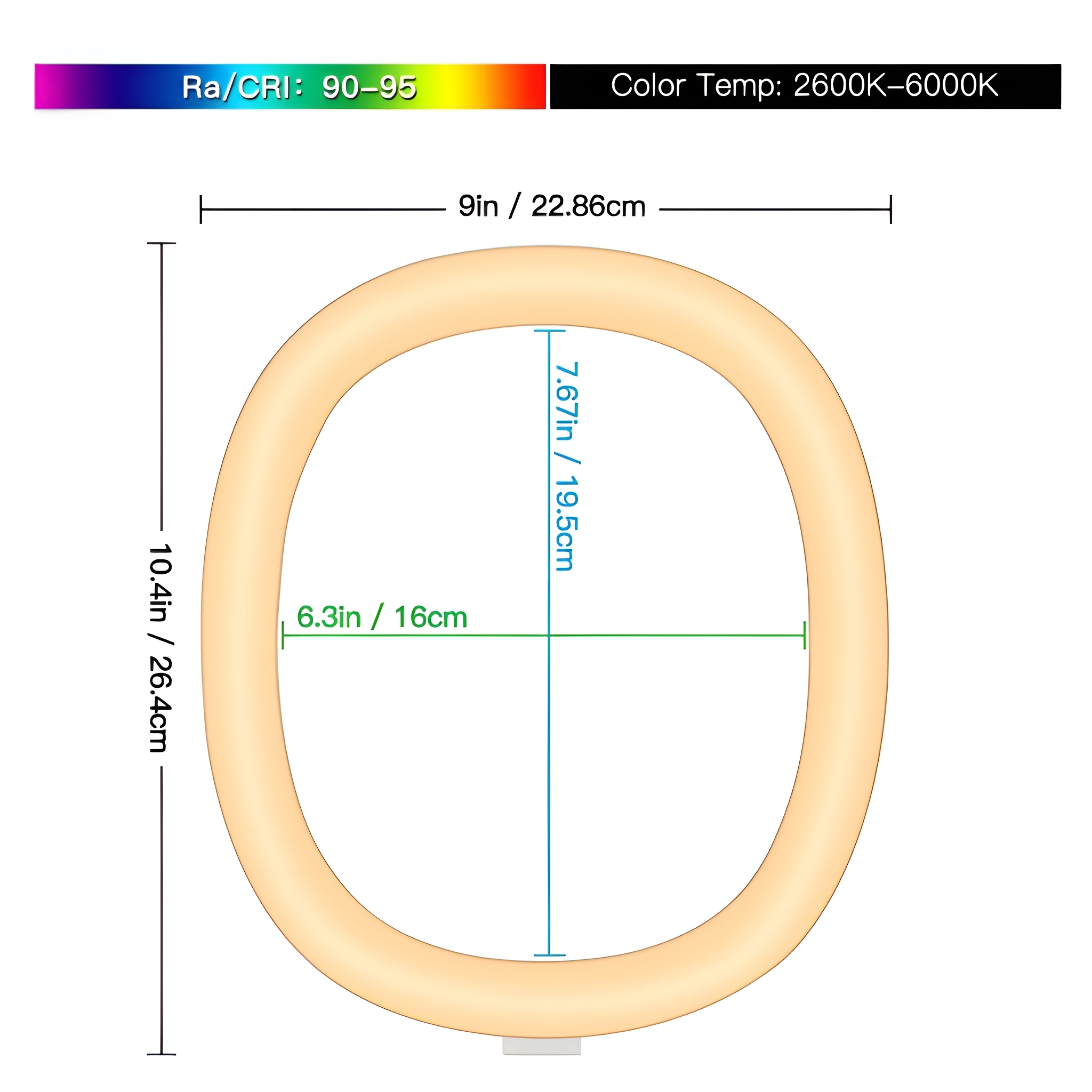 Ein Ringlicht mit beschrifteten Abmessungen. Das Licht hat eine warme Farbe und weißen Hintergrund.