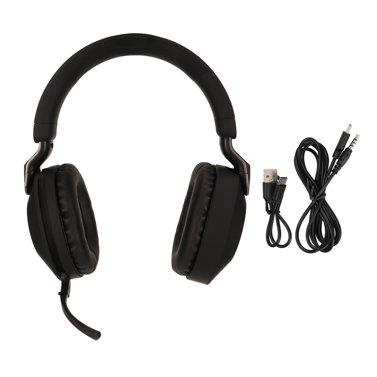 Schwarzer Kopfhörer mit Mikrofon, USB-Kabel und Aux-Kabel. Die Kopfhörer sind neu.