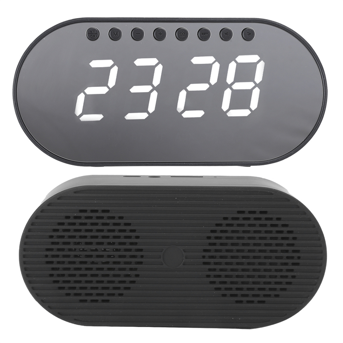 Eine schwarze Digitaluhr mit Lautsprecher. Sie zeigt die Uhrzeit 23:28 an. Weiße Ziffern auf schwarzem Hintergrund.