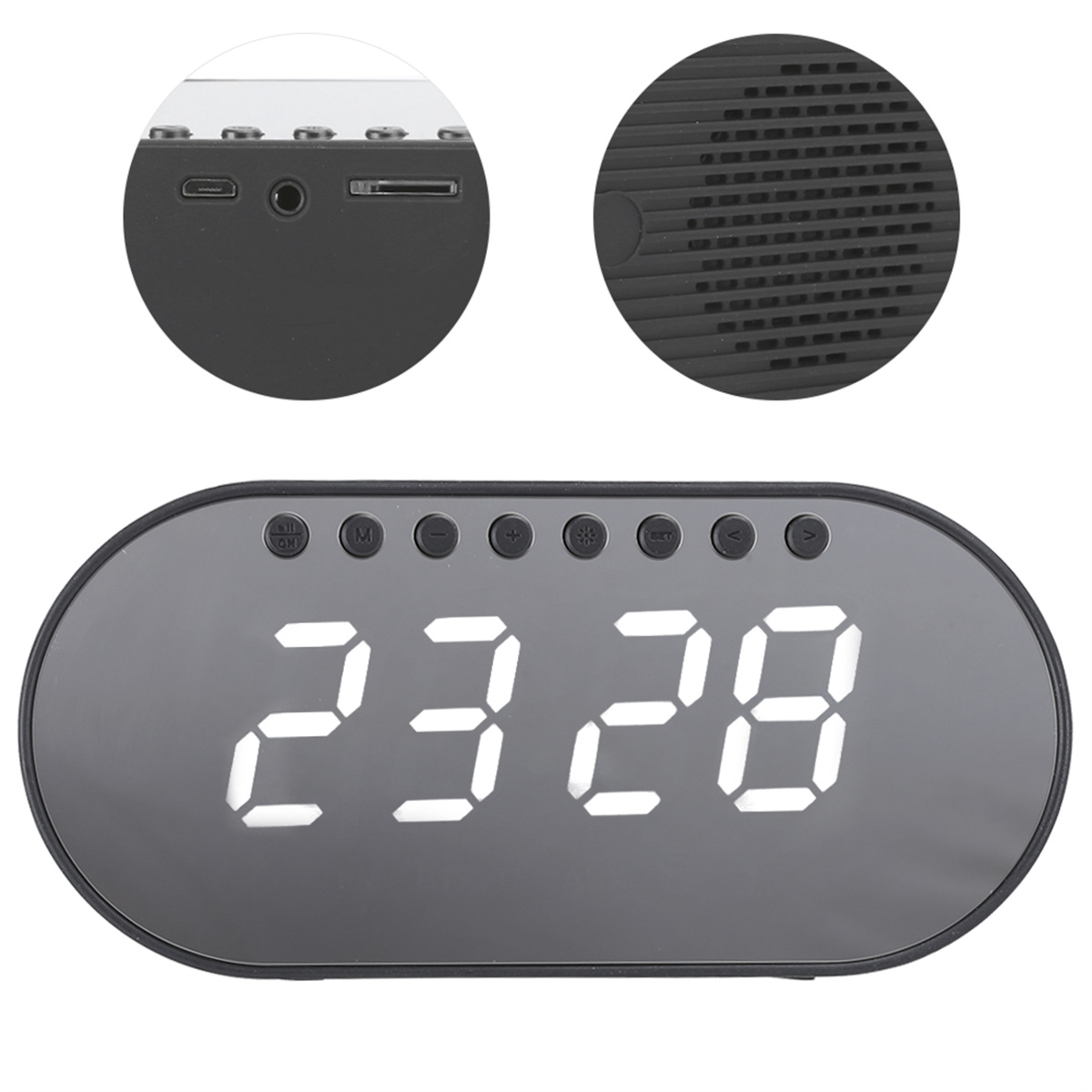 Eine schwarze Digitaluhr mit weißen Ziffern und Tasten. Es gibt zwei Lautsprecher.