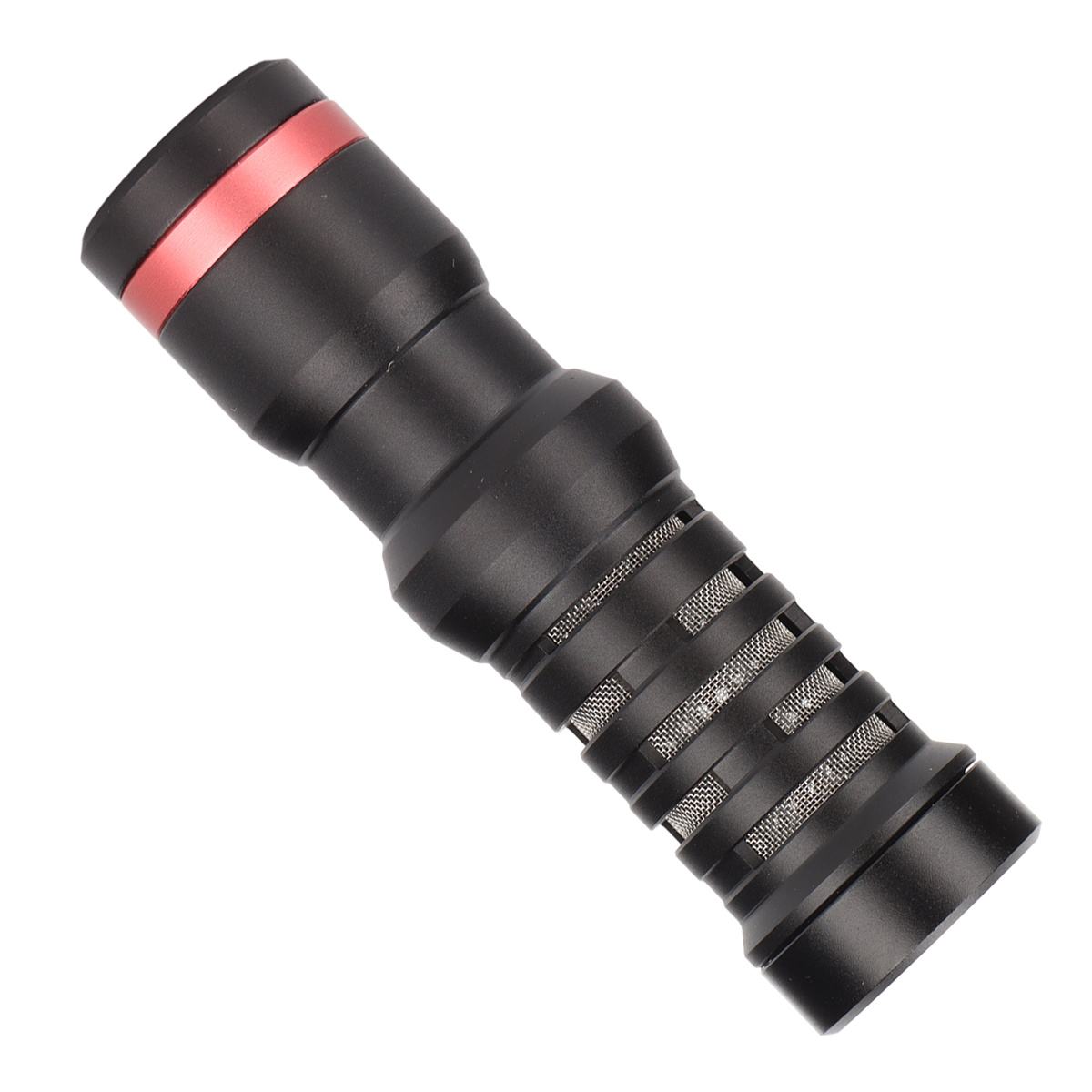 Schwarzes Mikrofon mit rotem Ring. Das Mikrofon hat ein Mesh-Gitter und ist nach oben geneigt.
