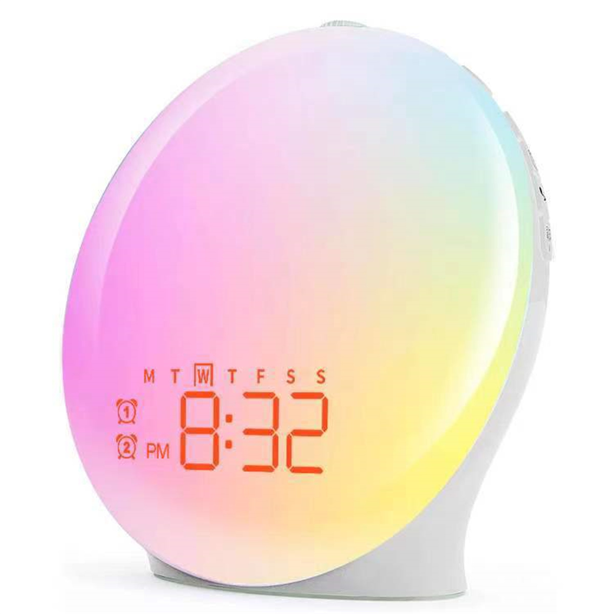 Eine ovale Digitaluhr mit Regenbogenverlauf, die 20:32 Uhr anzeigt.