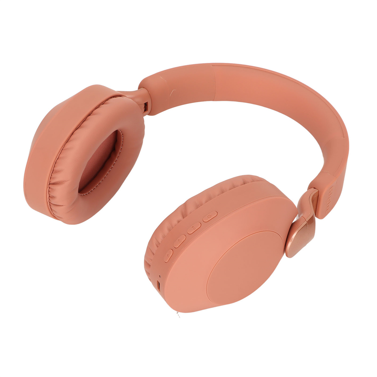 Korallenfarbene Kopfhörer. Die Kopfhörer sind Over-Ear und haben Knöpfe an der linken Ohrmuschel.