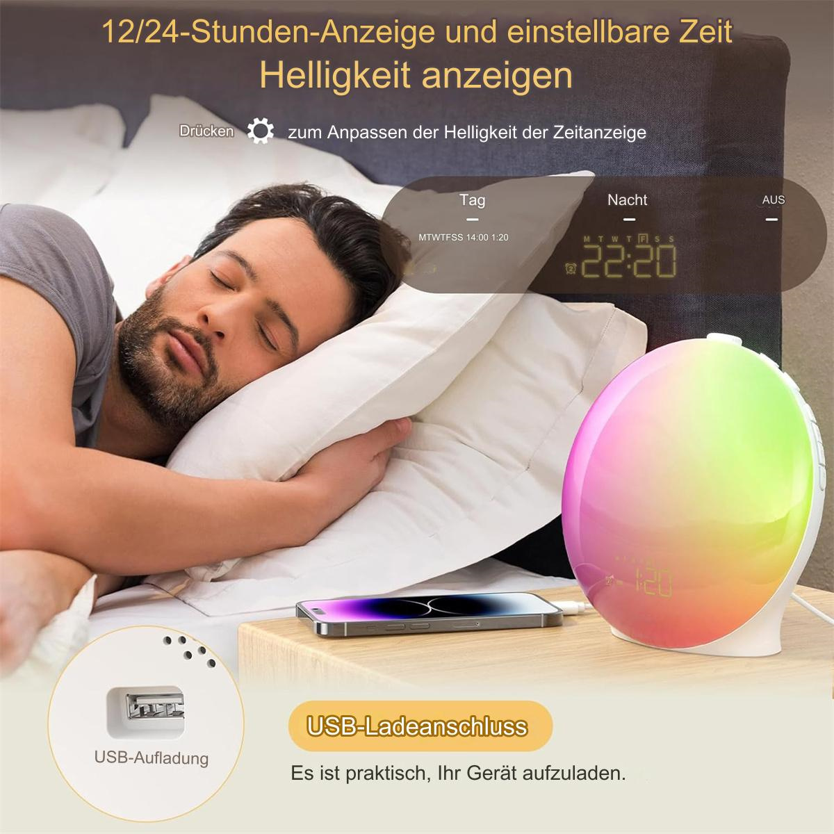 Mann schläft neben einem Nachttischwecker mit farbwechselndem Licht und USB-Anschluss.