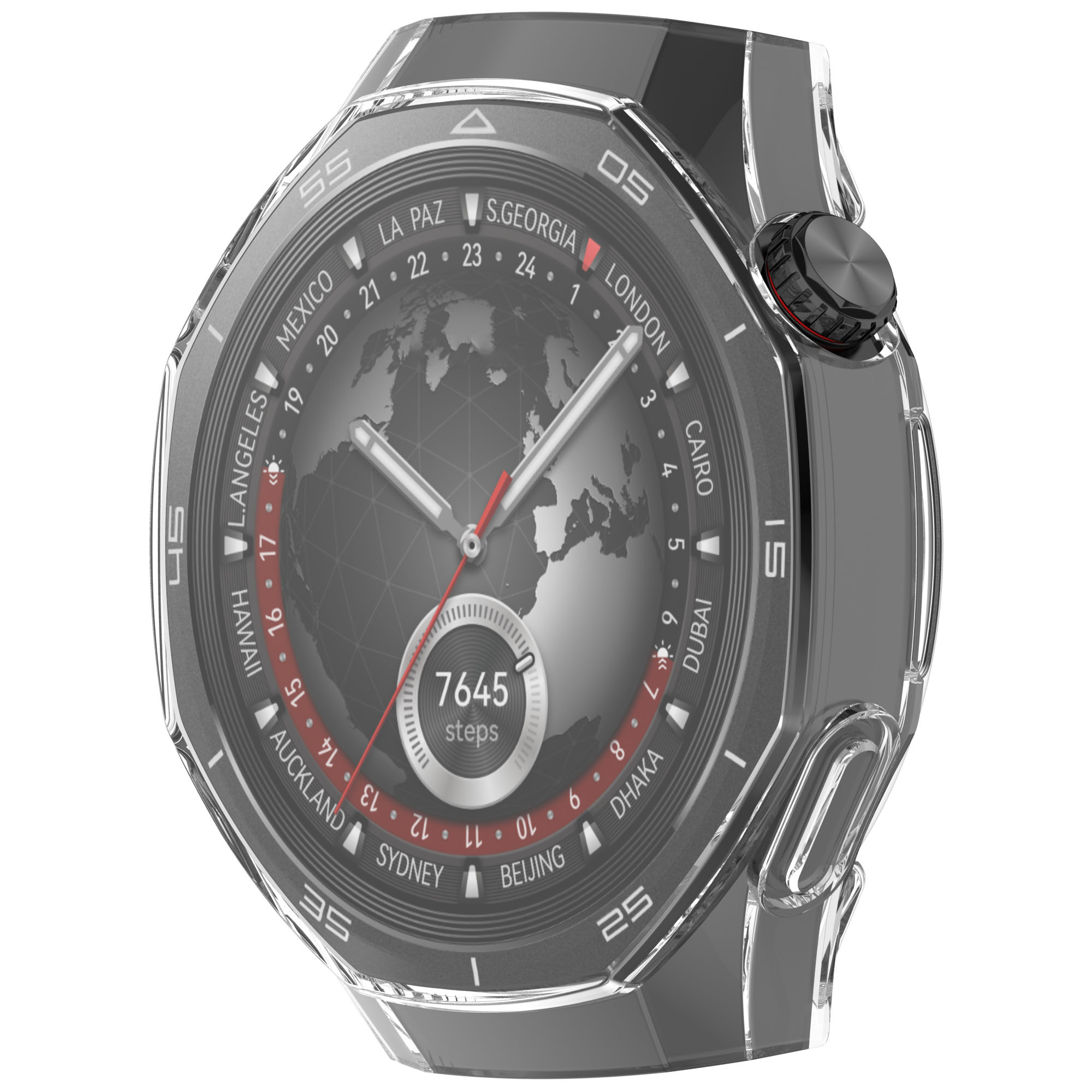Smartwatch mit Weltkarten-Display. Es zeigt Zeitzonen und Schritte an. Graues Gehäuse.