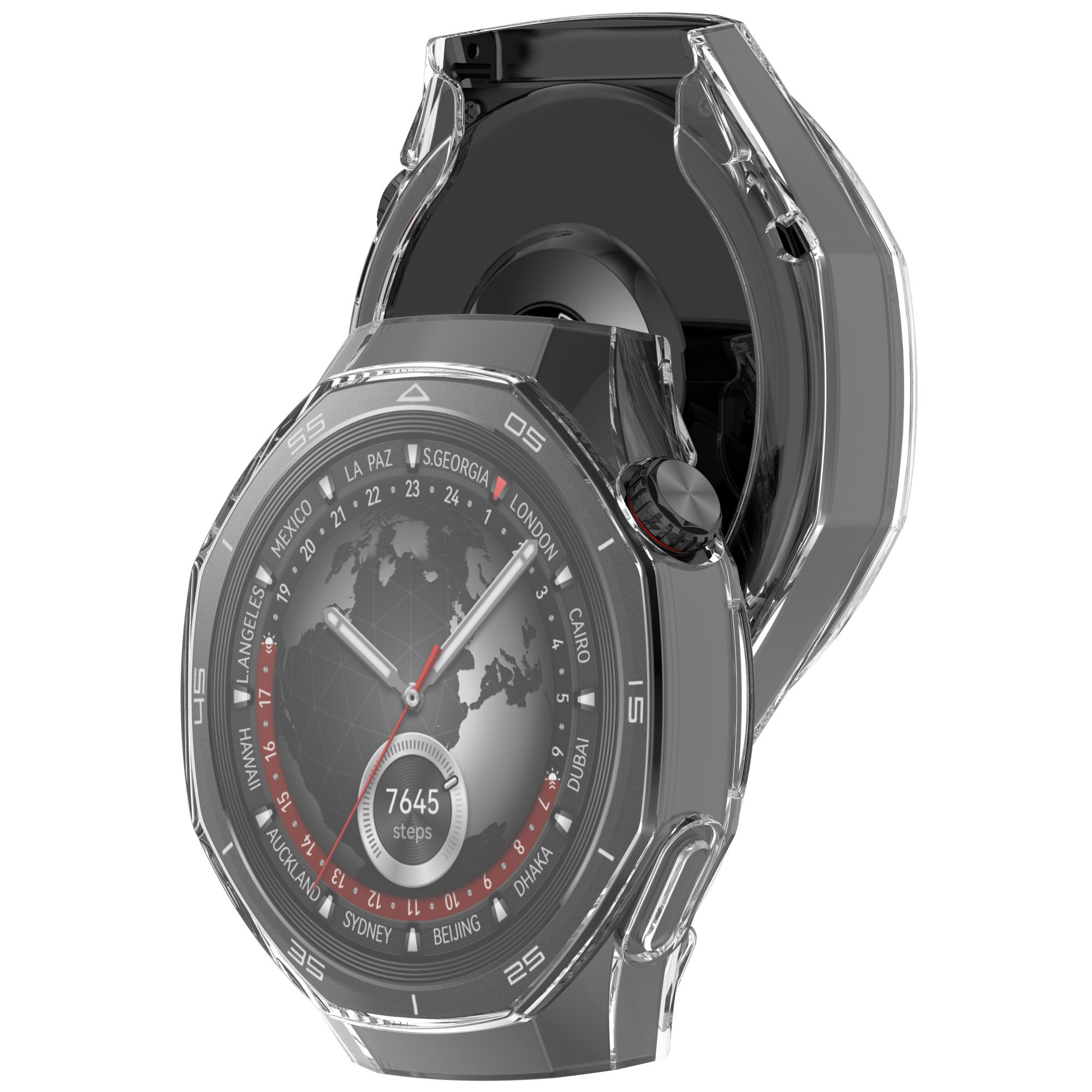 Smartwatch in einer transparenten Hülle. Die Hülle ist geöffnet. Die Uhr zeigt Weltzeit.