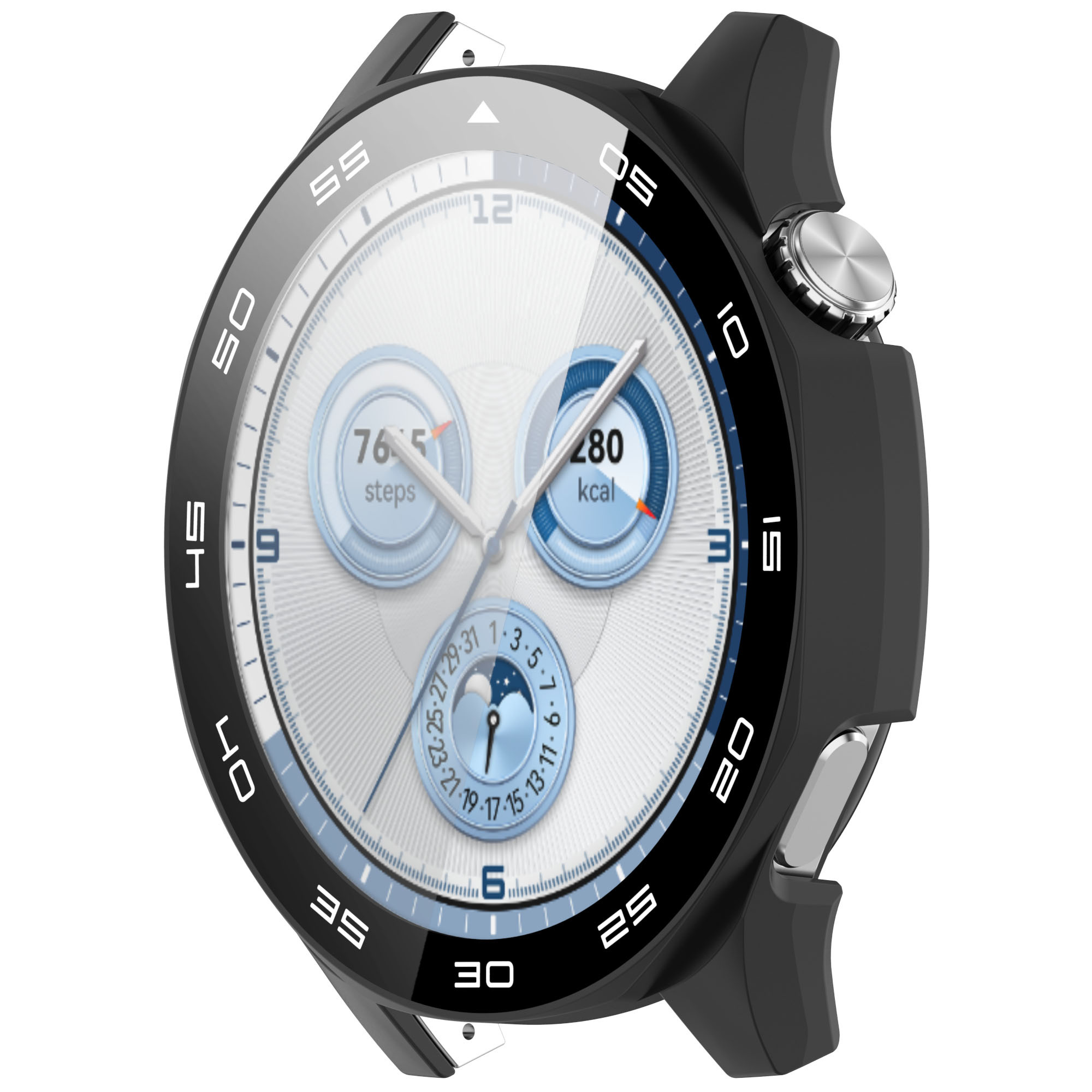 Eine schwarze Smartwatch zeigt Schritte, Kalorien und Datum auf rundem Bildschirm.