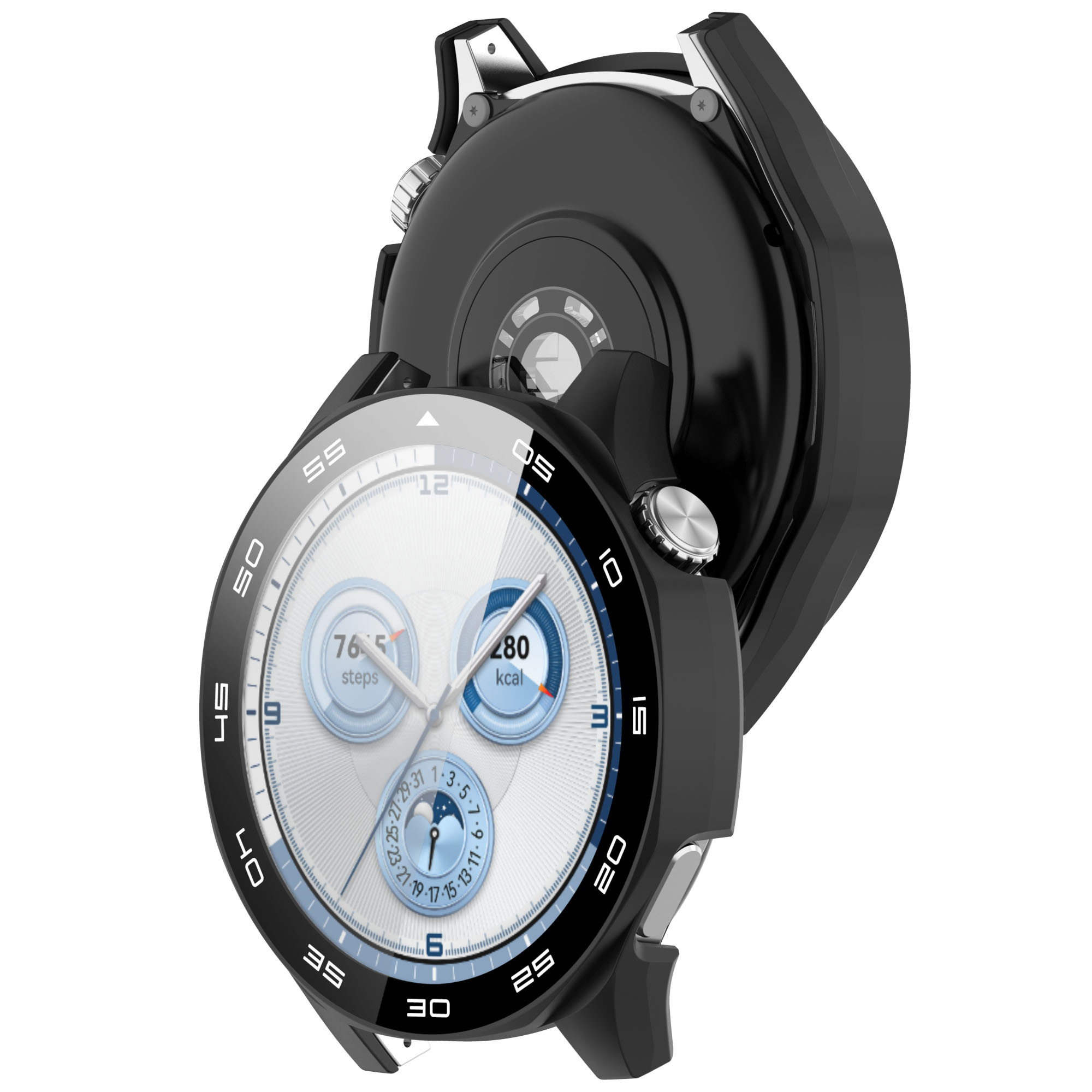 Eine schwarze Smartwatch mit Datendisplay, mit einer weiteren Uhr dahinter, auf weißem Hintergrund.