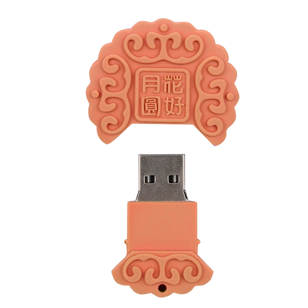 Oranger USB-Stick mit dekorativer Ober- und Unterseite.
