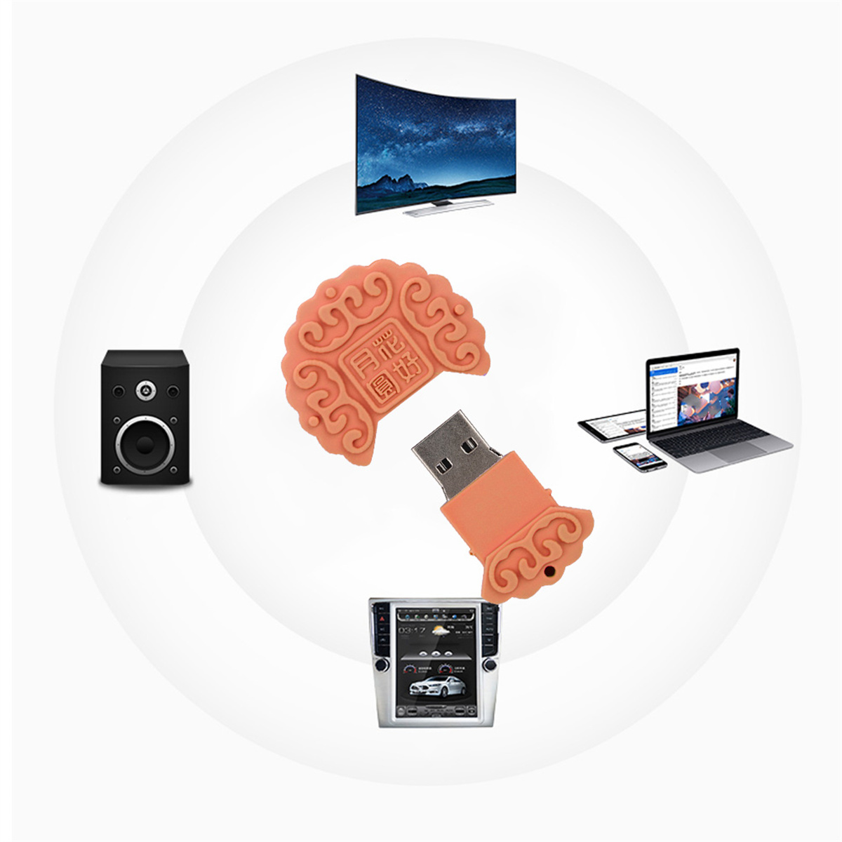 Oranger USB-Stick, umgeben von Fernseher, Lautsprecher, Laptop, Telefon und Auto-Display, auf weißem Hintergrund.