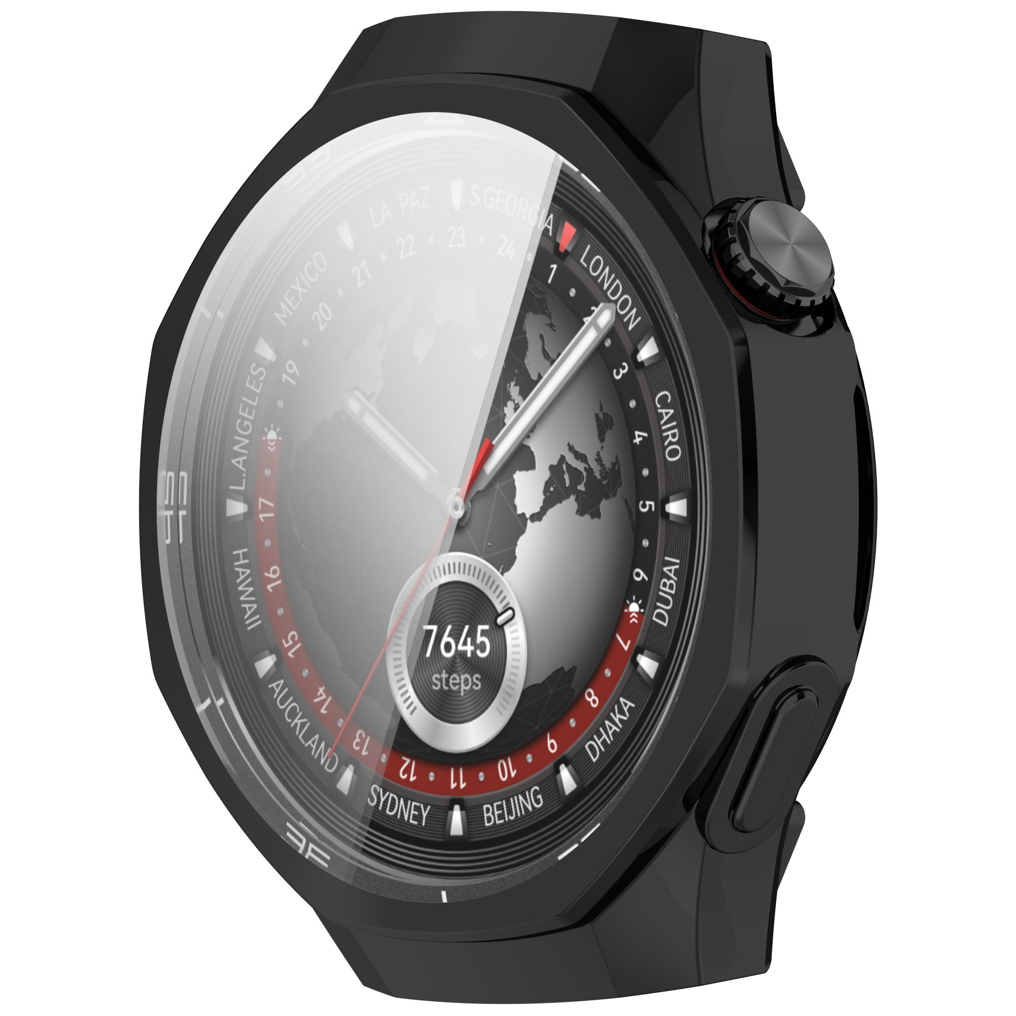 Schwarze Smartwatch mit Weltkartenanzeige, die Zeitzonen anzeigt. Die Uhr hat ein schwarzes Armband.