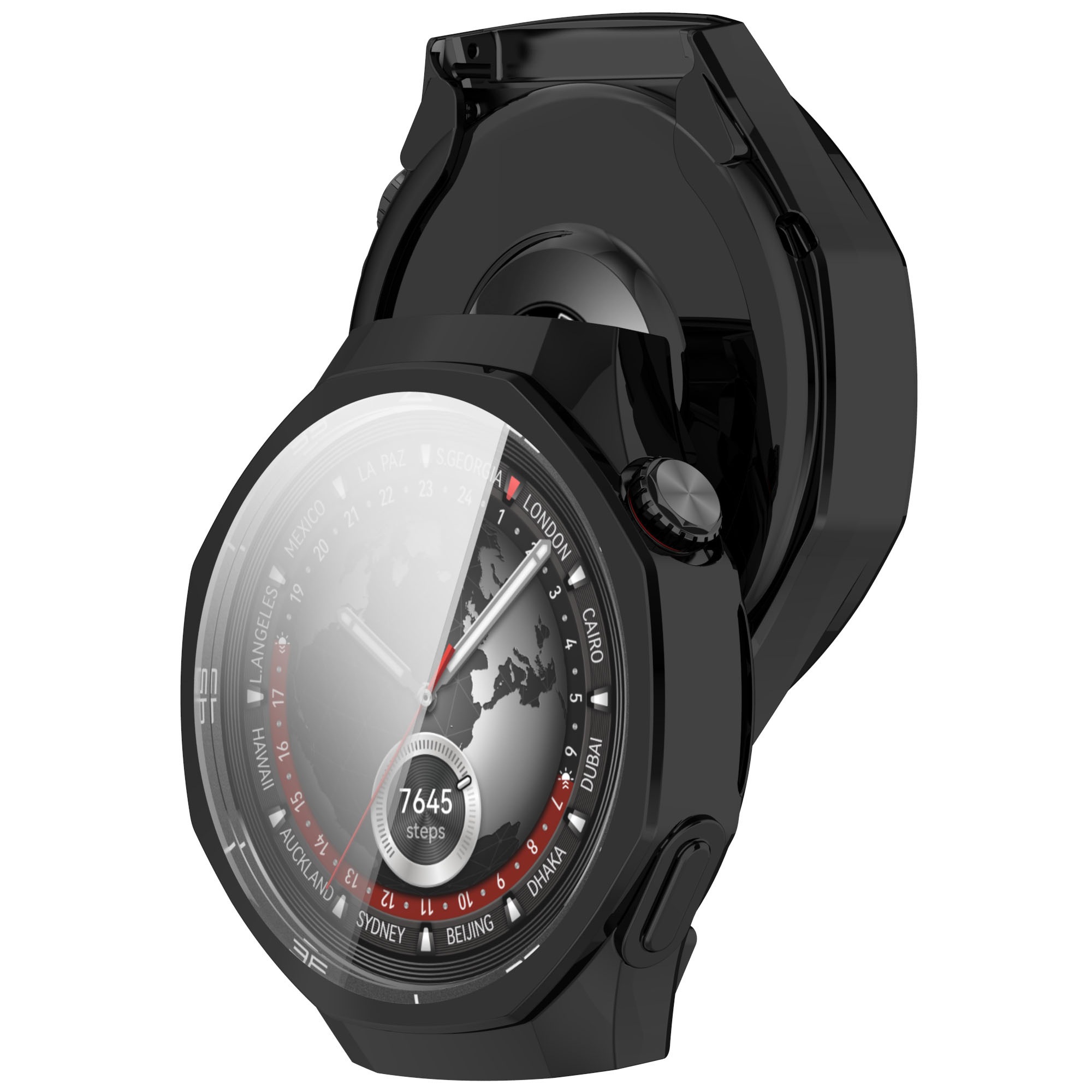 Schwarze Smartwatch und ihre Ladestation. Zeigt Weltkartenanzeige der Uhr.