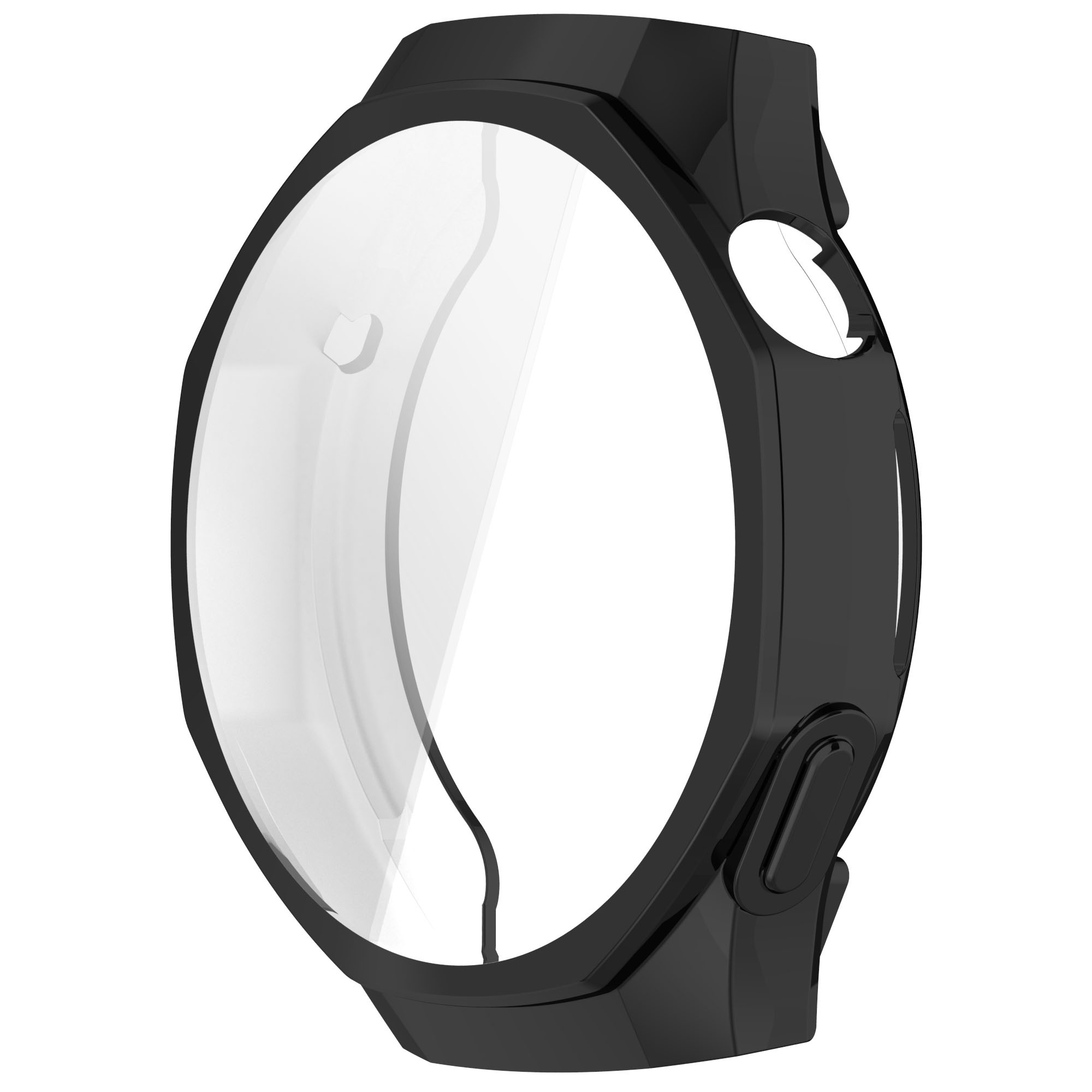 Eine schwarze Smartwatch-Hülle mit einem transparenten Displayschutz, der die runde Form der Uhr zeigt.