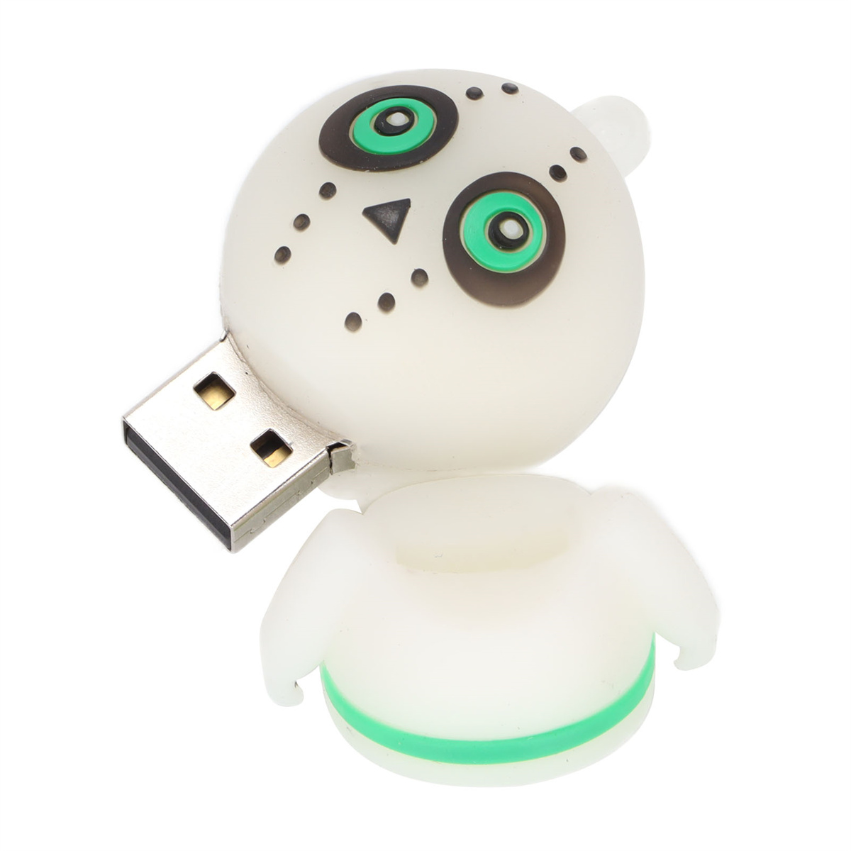 Ein weißer USB-Stick in Form einer Zeichentrickfigur mit grünen Augen und Punkten.