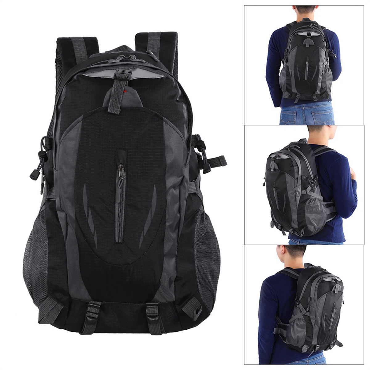 Schwarzer und grauer Rucksack auf Weiß, mit drei zusätzlichen Ansichten.