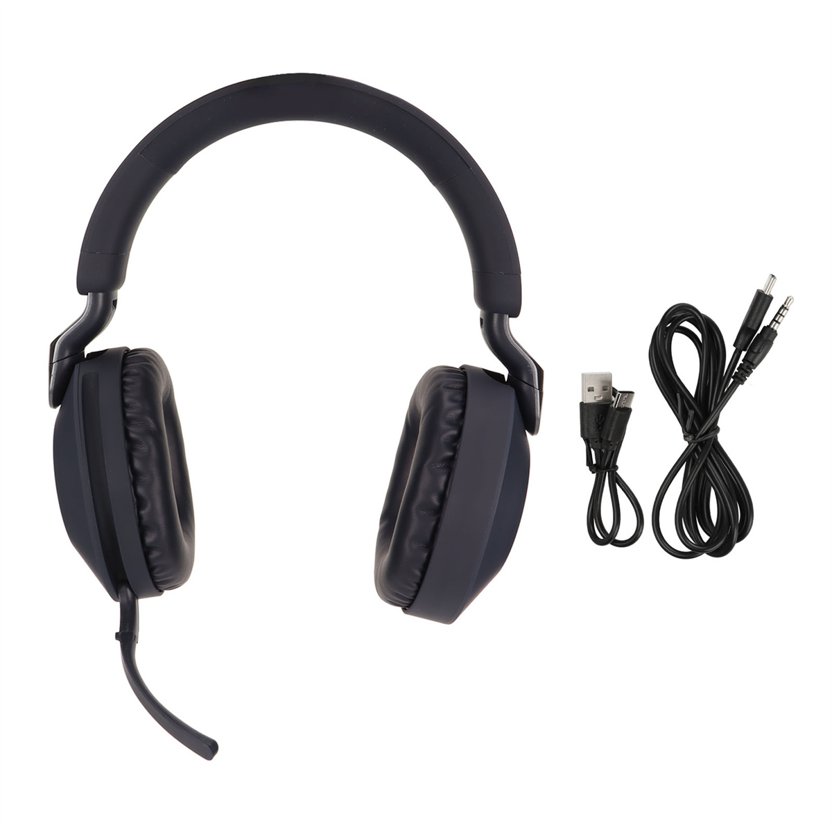 Dunkelblaue Kopfhörer mit Mikrofon und zwei Kabeln: ein USB- und ein Audio-Klinkenkabel.