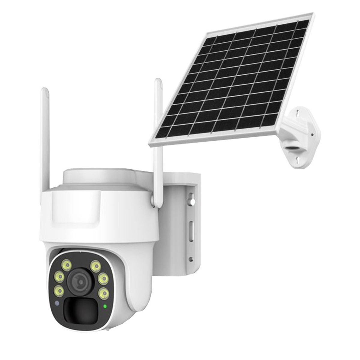 Weiße Überwachungskamera mit Solarpanel, Antennen und schwarzer Linse.